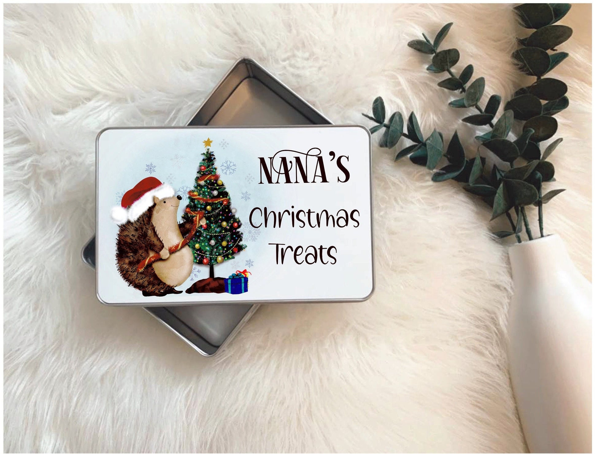 Nana's Christmas Treat Tin, Treat Storage Tin, Biscuit Tin, Sweet Tin, Personalised Hedgehog Sweet Treat Tin, Gift For Her, Gift For Him