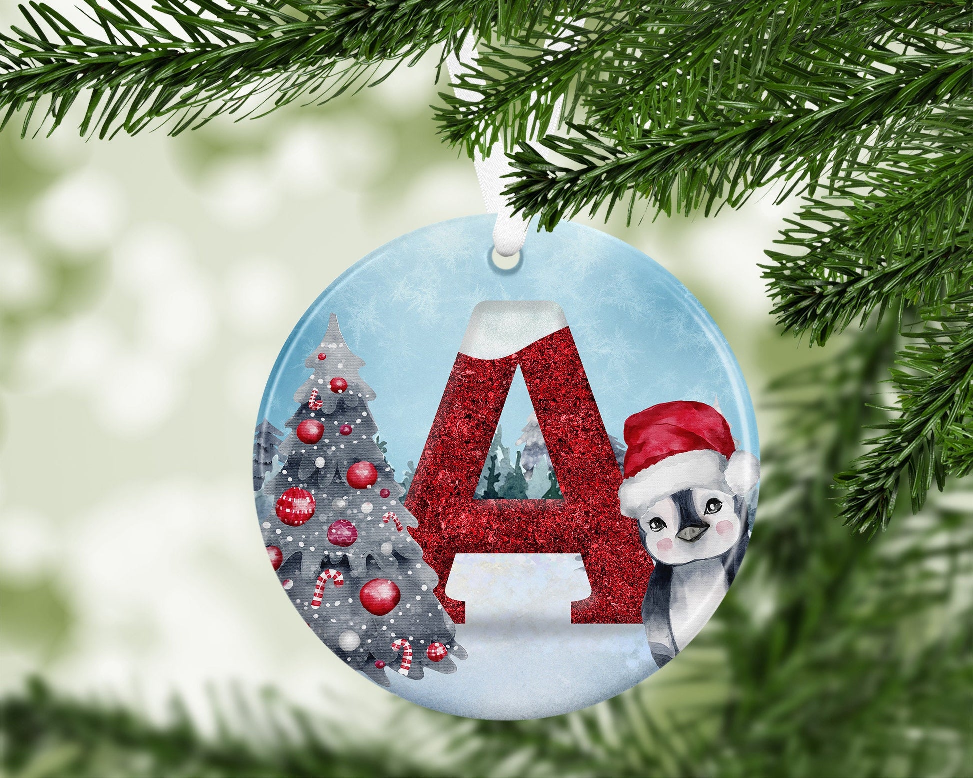 Personalised Penguin Bauble, Personalised Initial Christmas Tree Decoration, Snowy Penguin Personalised Christmas Tree Ornament