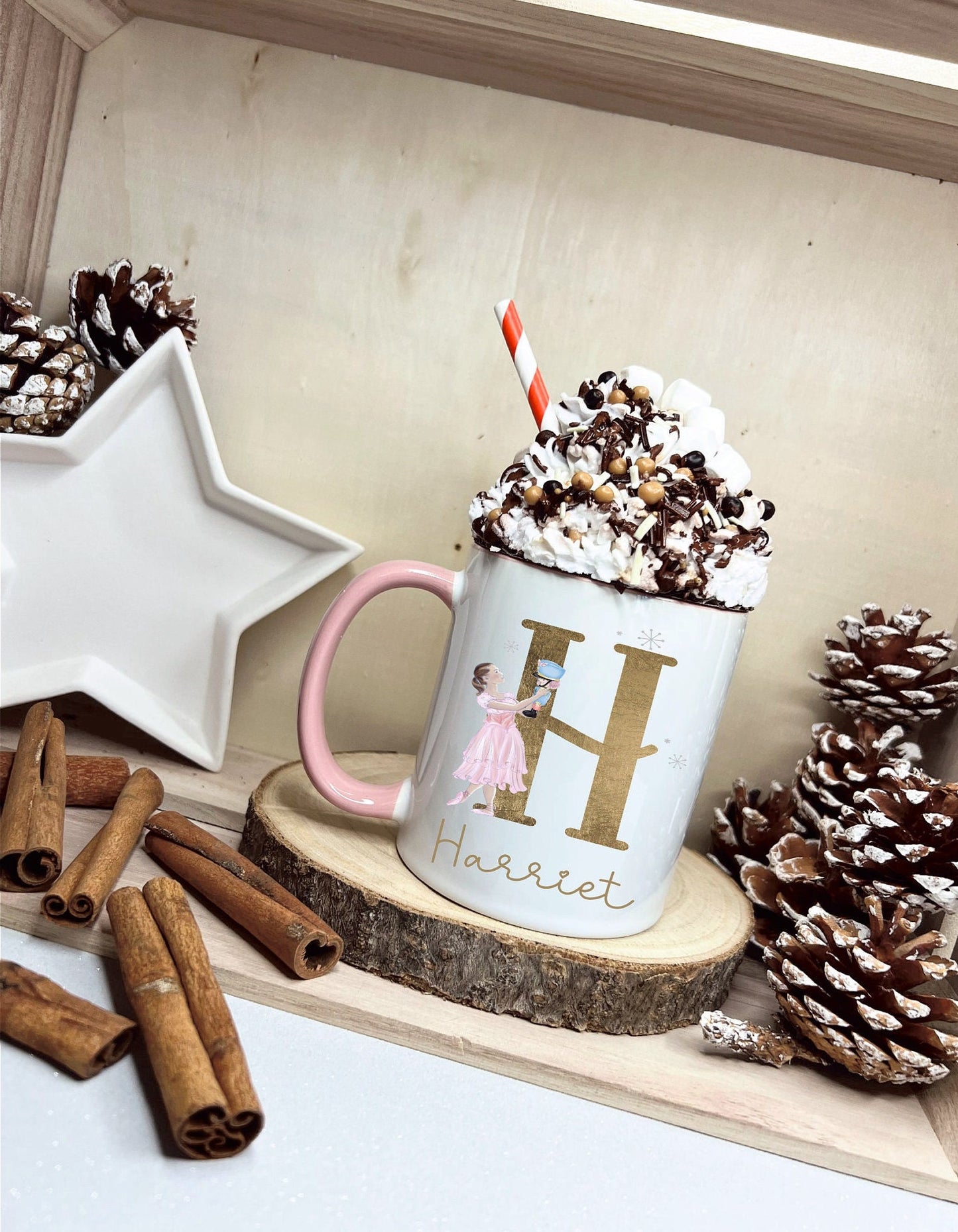 Dancer & Nutcracker Christmas Mug, Personalised Ballet Dancer And Nutcracker Mug, Gold Initial Mug