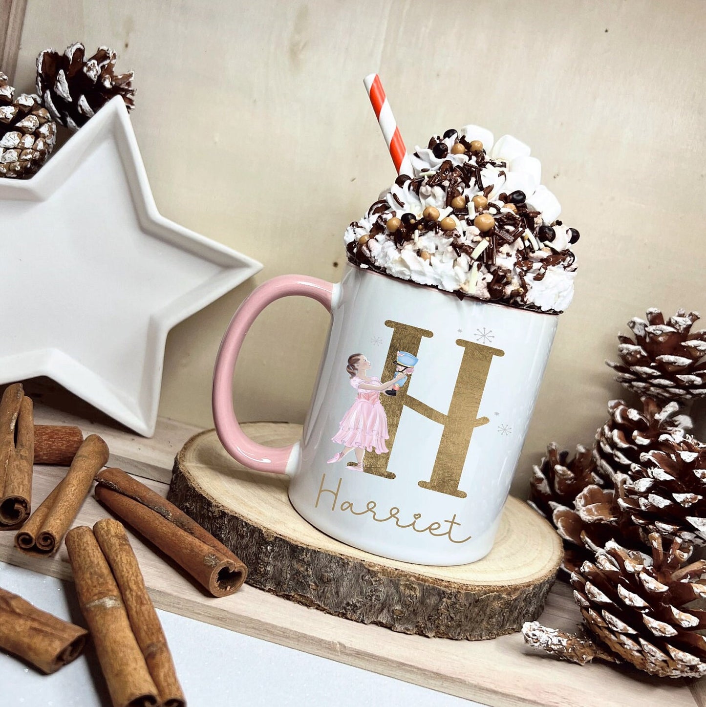 Dancer & Nutcracker Christmas Mug, Personalised Ballet Dancer And Nutcracker Mug, Gold Initial Mug