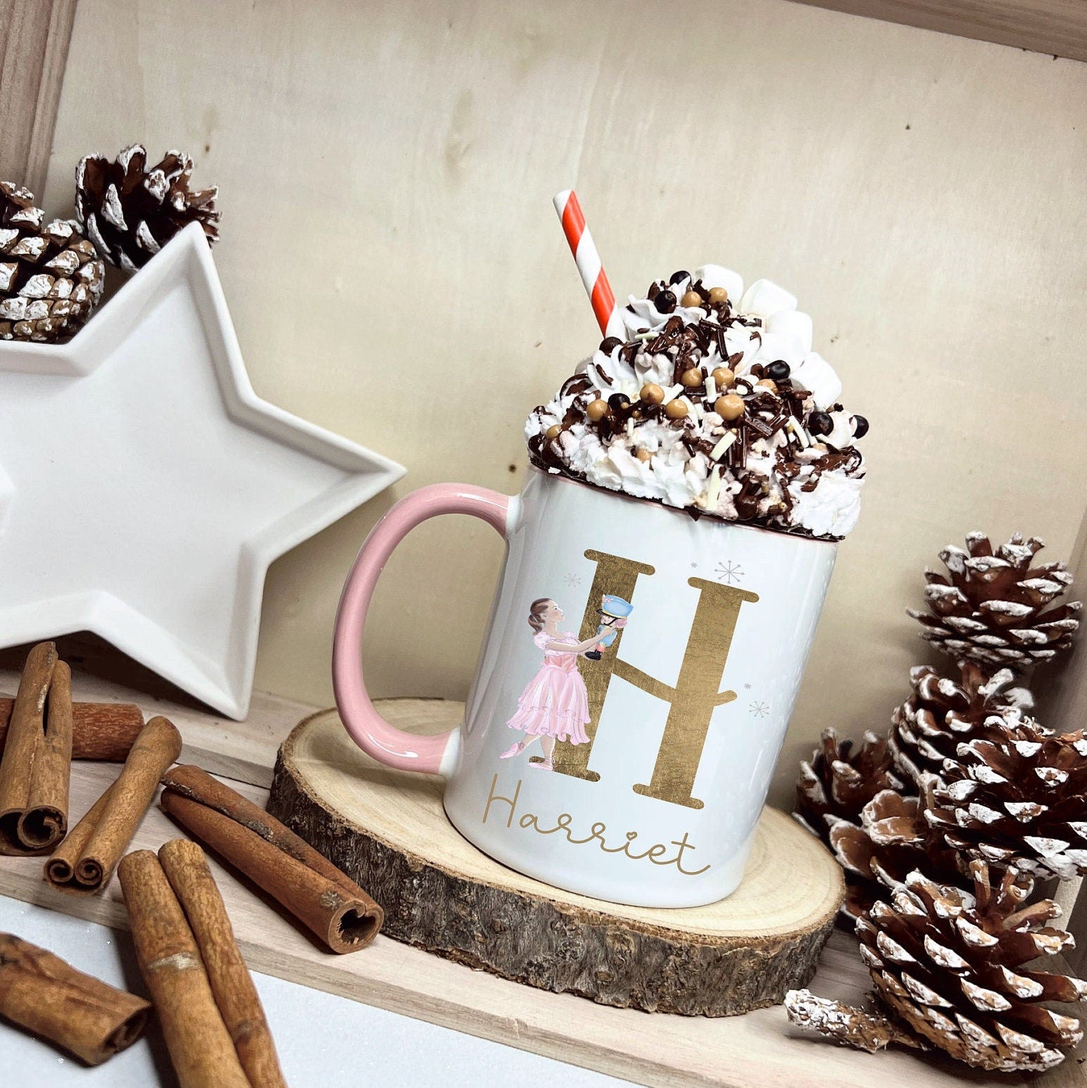 Dancer & Nutcracker Christmas Mug, Personalised Ballet Dancer And Nutcracker Mug, Gold Initial Mug