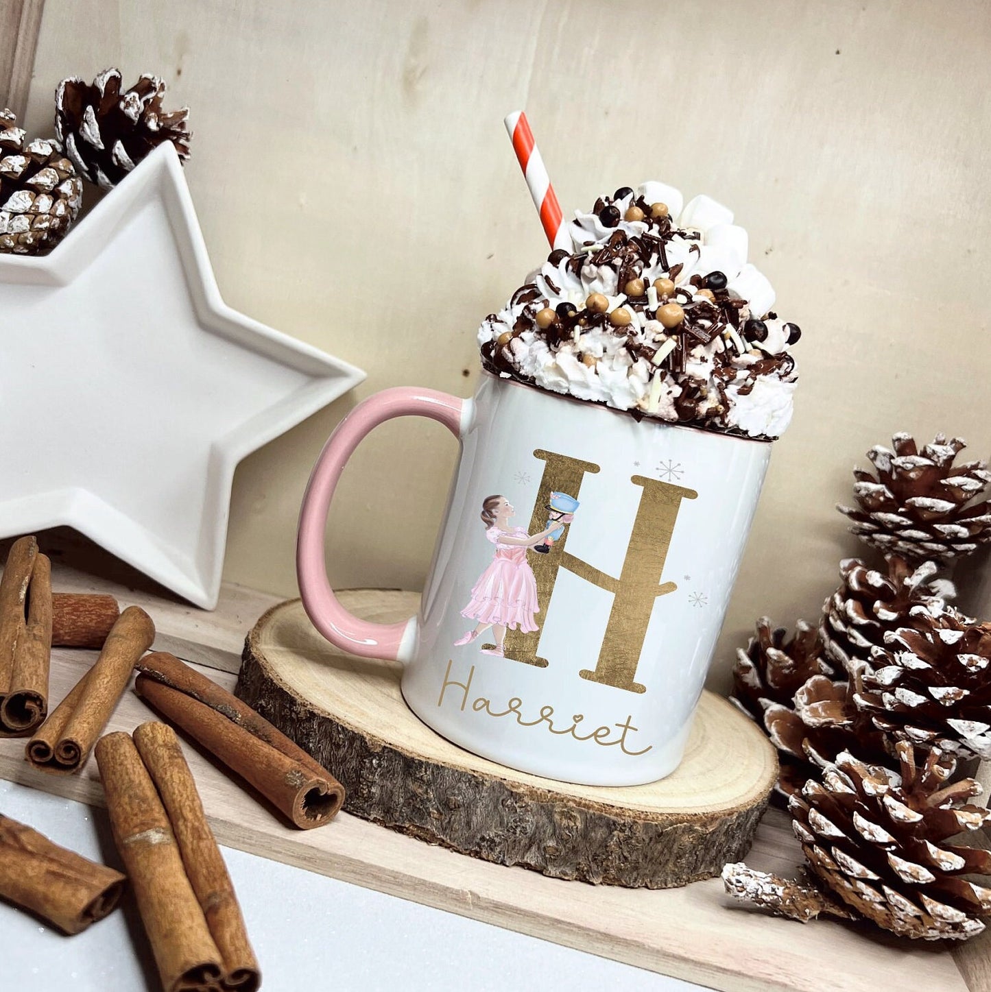 Dancer & Nutcracker Christmas Mug, Personalised Ballet Dancer And Nutcracker Mug, Gold Initial Mug