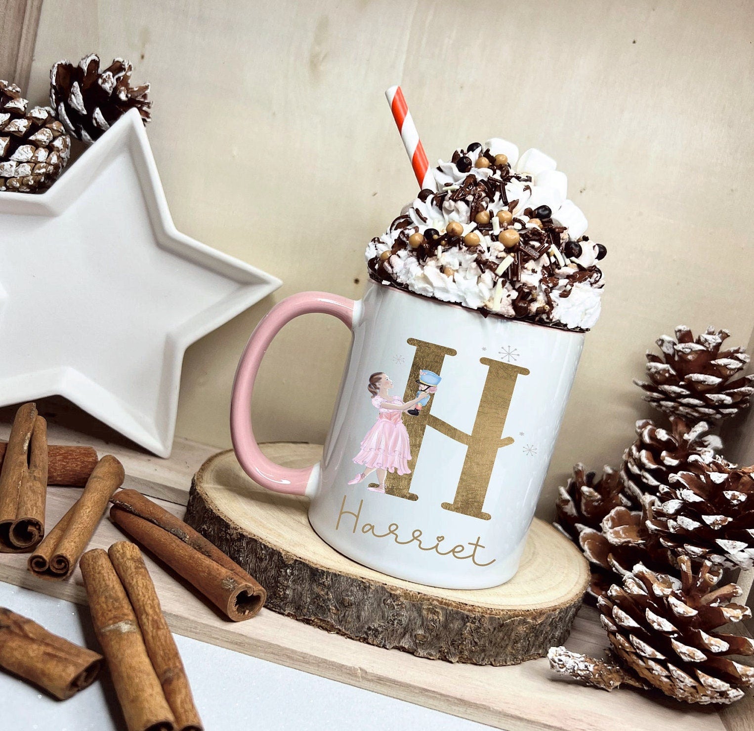 Dancer & Nutcracker Christmas Mug, Personalised Ballet Dancer And Nutcracker Mug, Gold Initial Mug