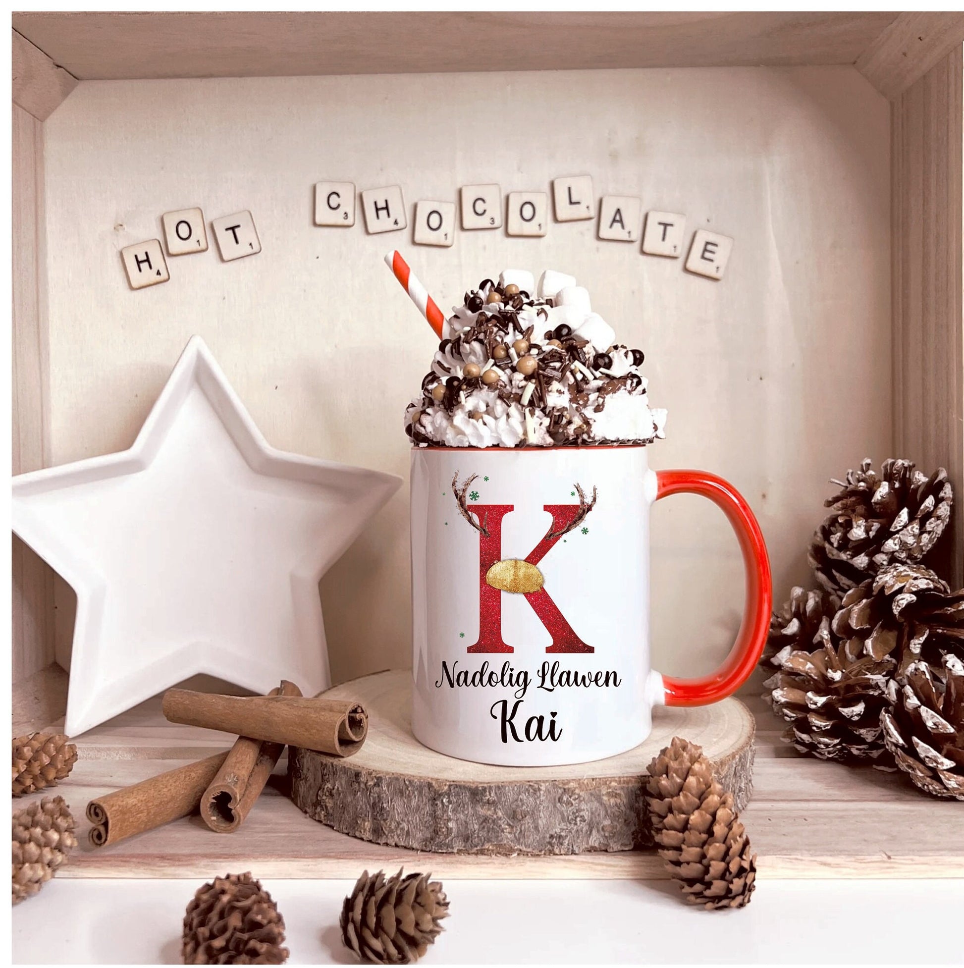 Nadolig Llawen Mug, Personalised Initial Reindeer Nadolig Llawen Mug, Personalised Christmas Hot Chocolate Mug, Welsh Christmas Gifts
