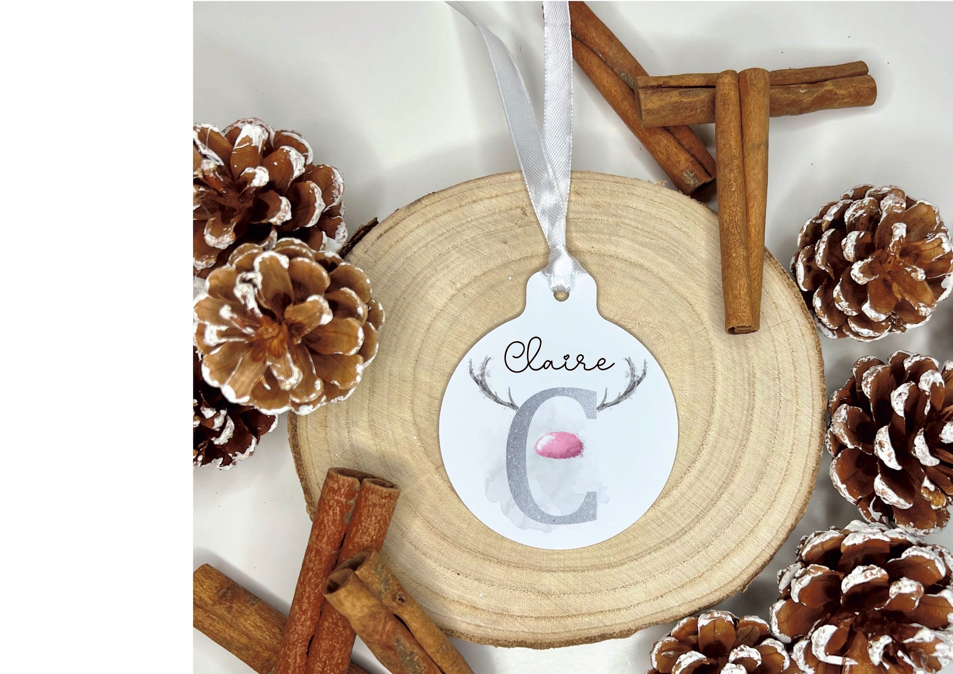 Silver & Pink Initial Bauble, Personalised Christmas Tree Decoration, Personalised Name Reindeer Pink And Silver Christmas Ornament