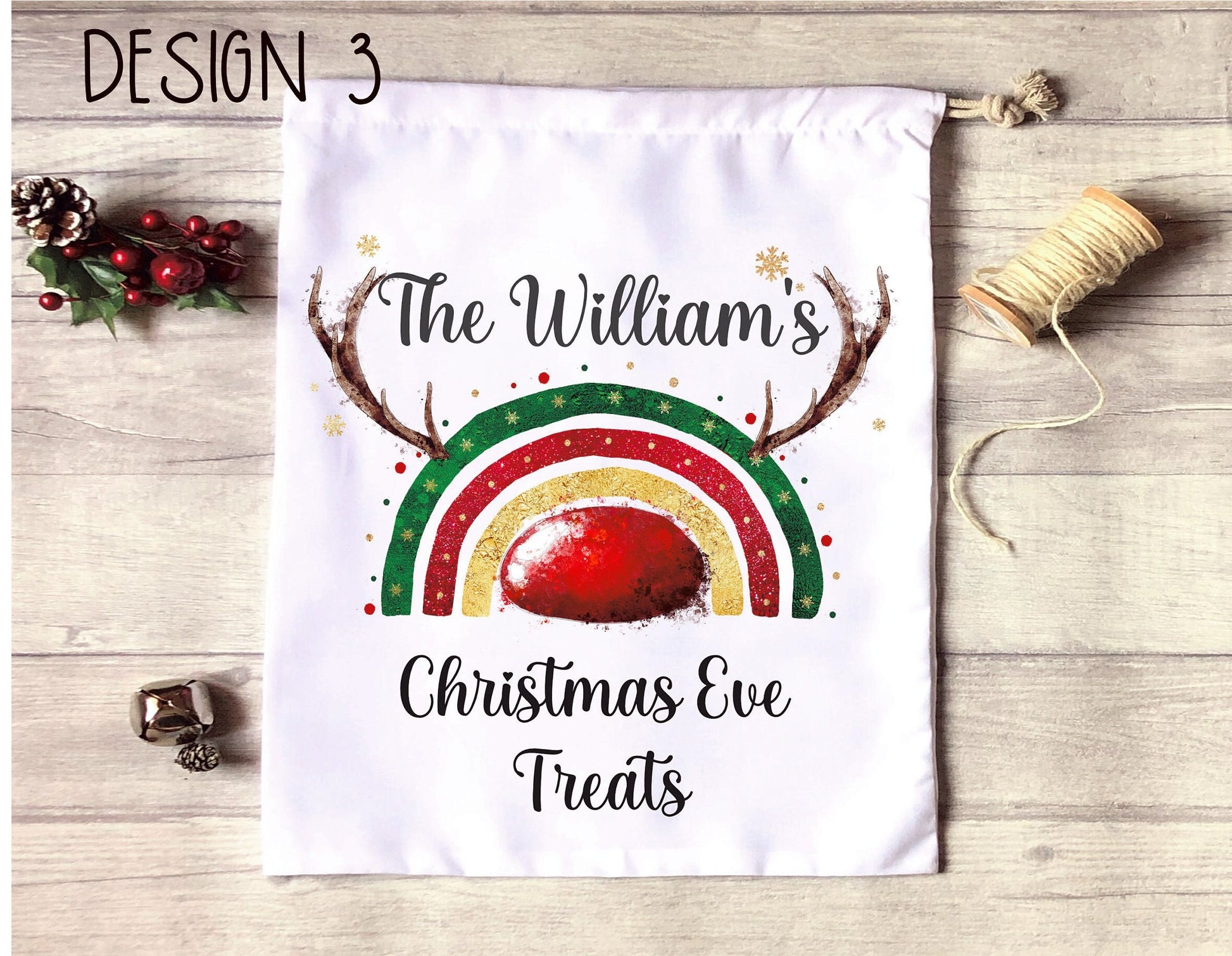 Christmas Eve Treat Bag, Personalised Xmas Eve Goodies Bag, Twas The Night Before Christmas Family Treats, Reindeer Gold Nose Xmas Eve Bag