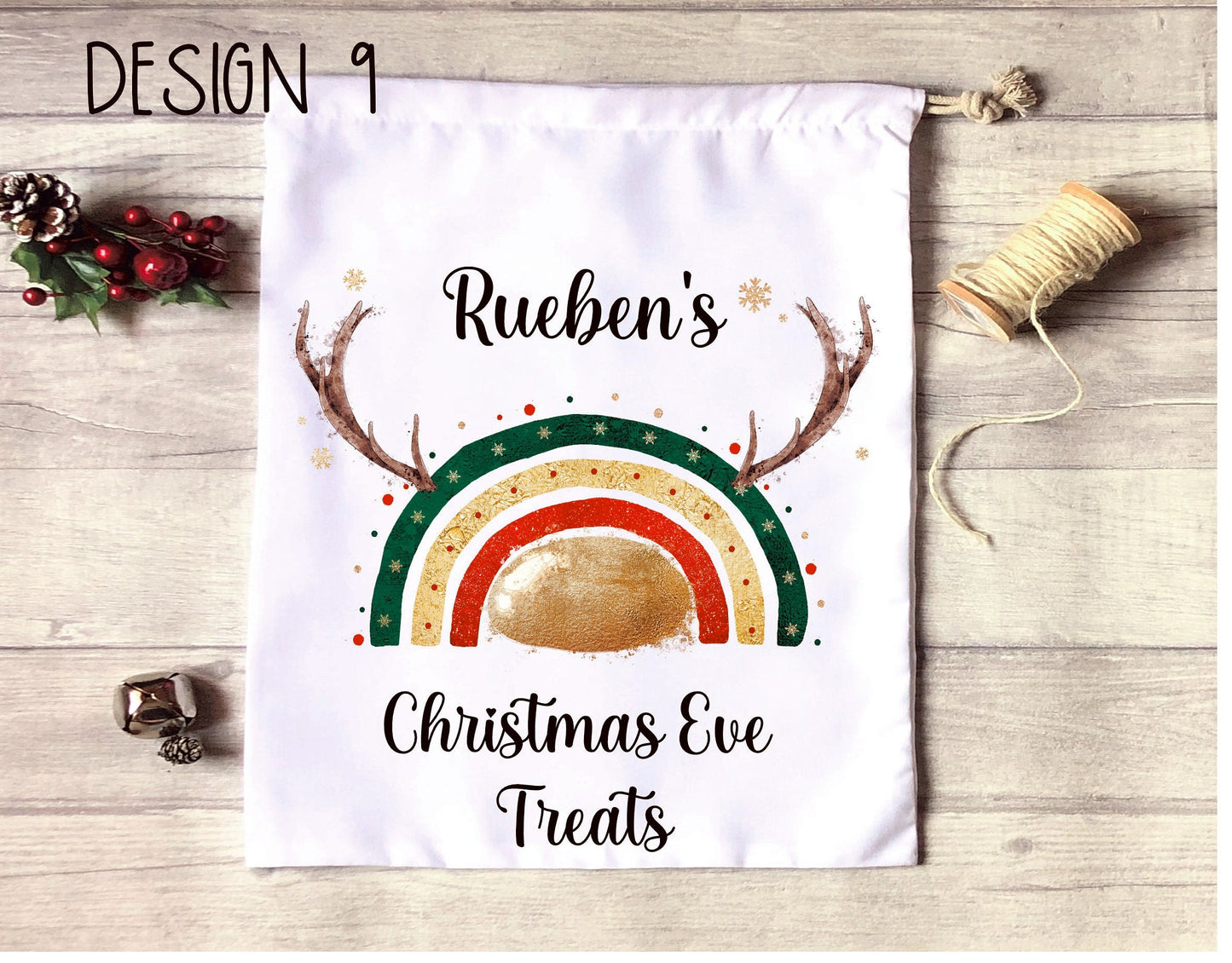 Christmas Eve Treat Bag, Personalised Xmas Eve Goodies Bag, Twas The Night Before Christmas Family Treats, Reindeer Gold Nose Xmas Eve Bag