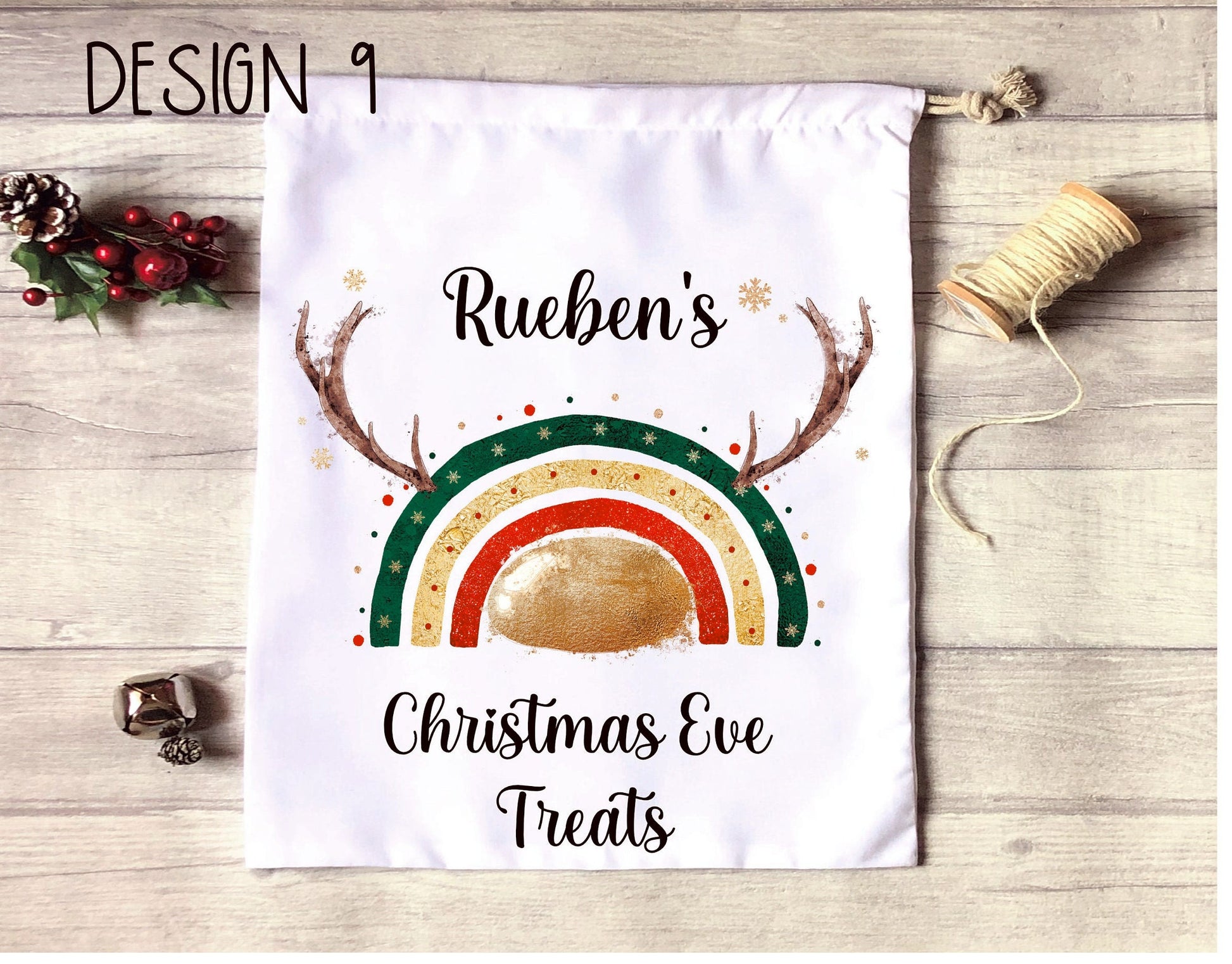 Christmas Eve Treat Bag, Personalised Xmas Eve Goodies Bag, Twas The Night Before Christmas Family Treats, Reindeer Gold Nose Xmas Eve Bag