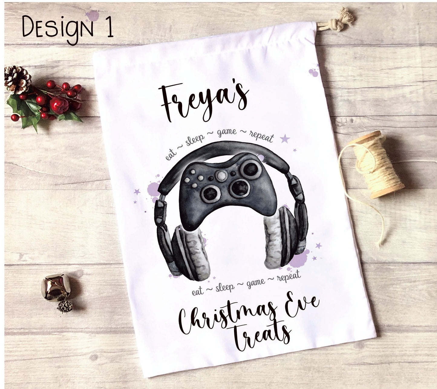 Gamer Personalised Christmas Eve Sack, Personalised Gamer Christmas Eve Treat Bag, Gamer Xmas Treat Bag, Personalised Gamer Christmas Gift
