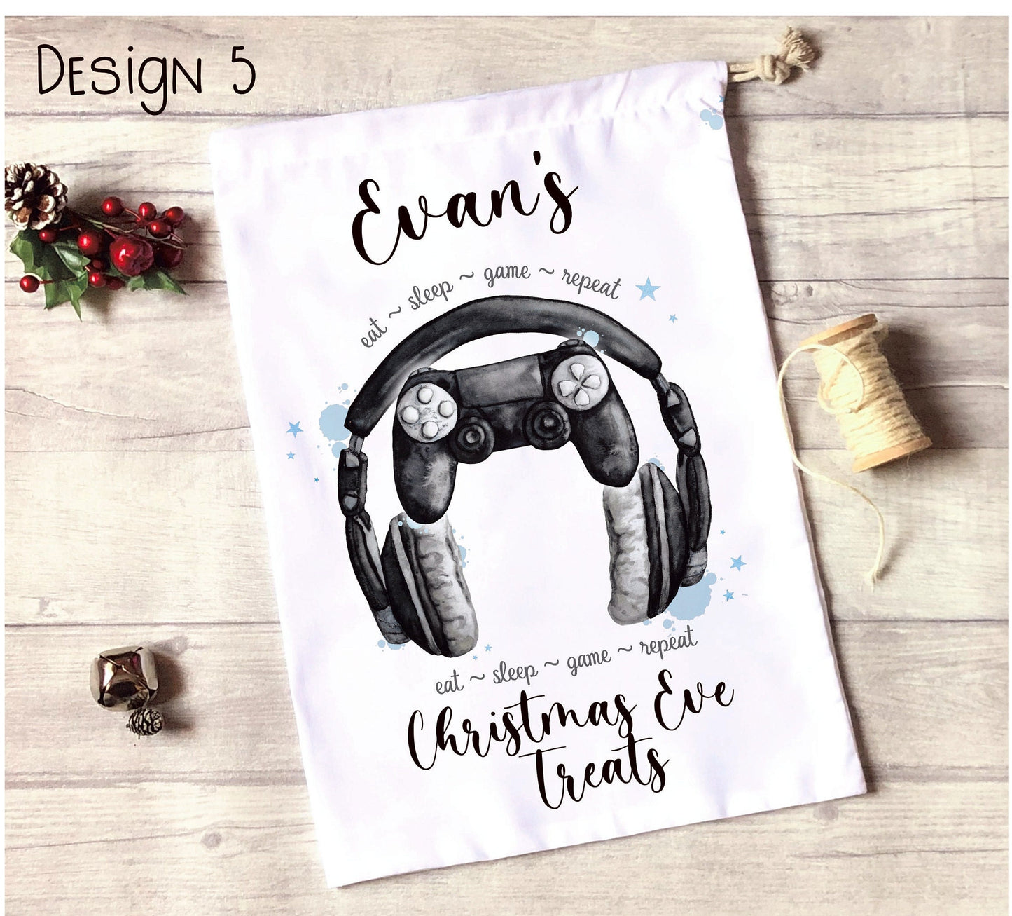 Personalised Gamer Christmas Eve Treat Bag, Gamer Xmas Treat Bag, Personalised Gamer Christmas Gift
