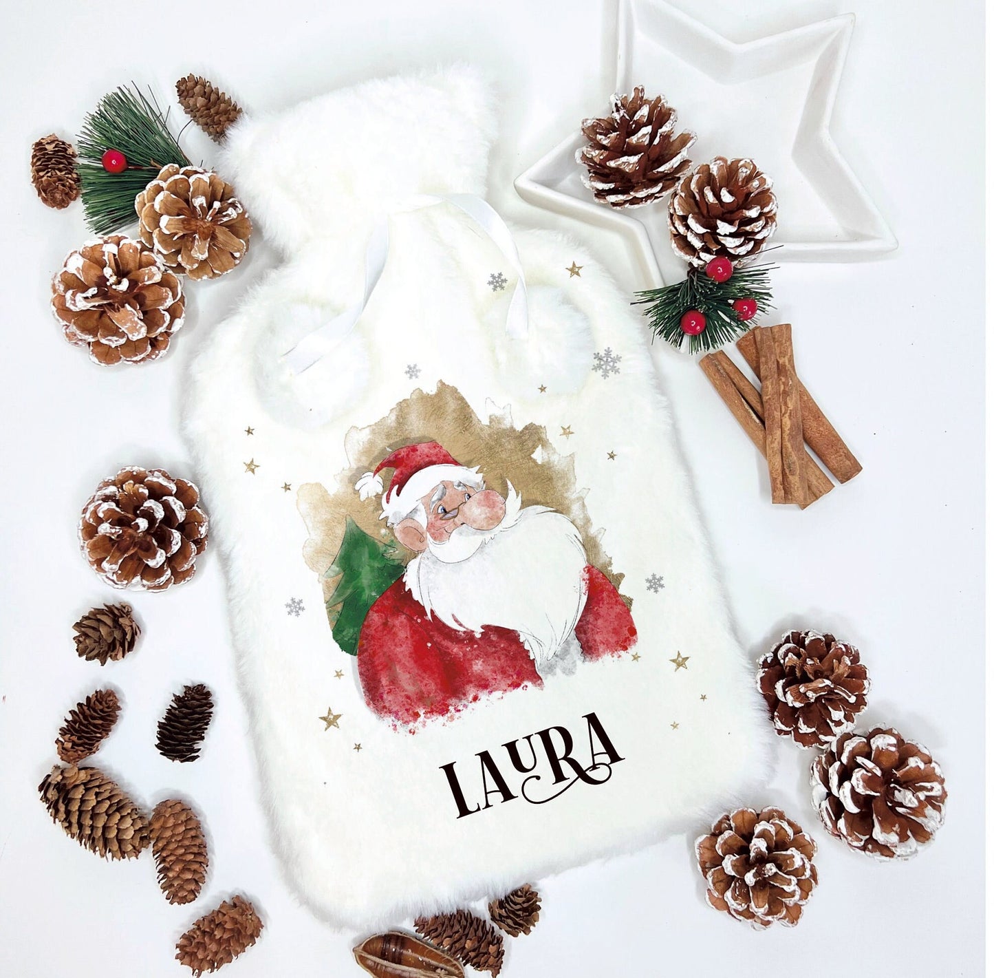 Fluffy Santa Hot Water Bottle, Personalised Father Christmas Hot Water Bottle, Santa Gift, Fluffy Hot Water Bottle