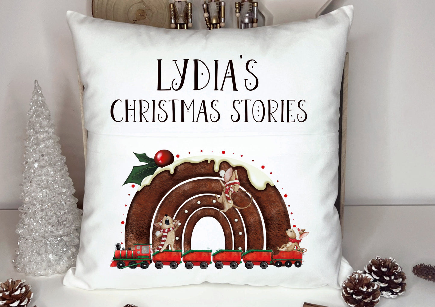 Christmas Book Cushion, Personalised Book Cushion, Christmas Stories Book Cushion, Xmas Pudding Book Cushion
