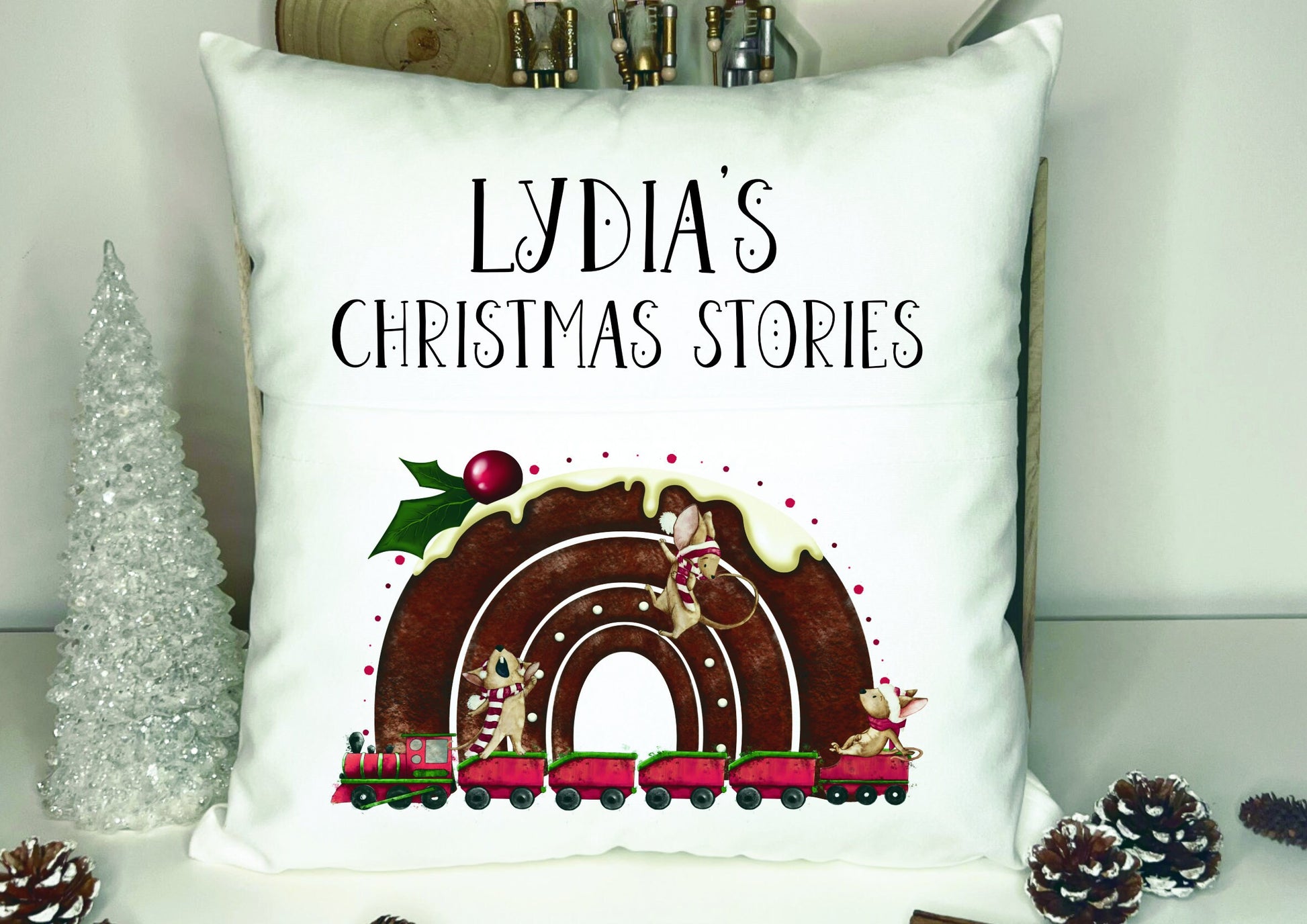Christmas Book Cushion, Personalised Book Cushion, Christmas Stories Book Cushion, Xmas Pudding Book Cushion