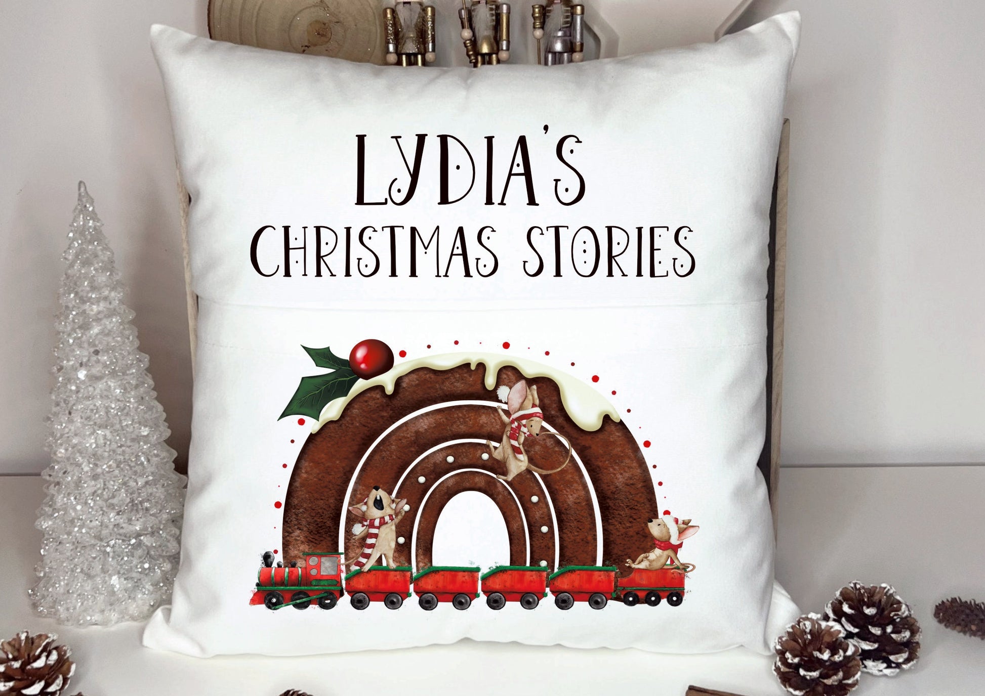 Christmas Book Cushion, Personalised Book Cushion, Christmas Stories Book Cushion, Xmas Pudding Book Cushion