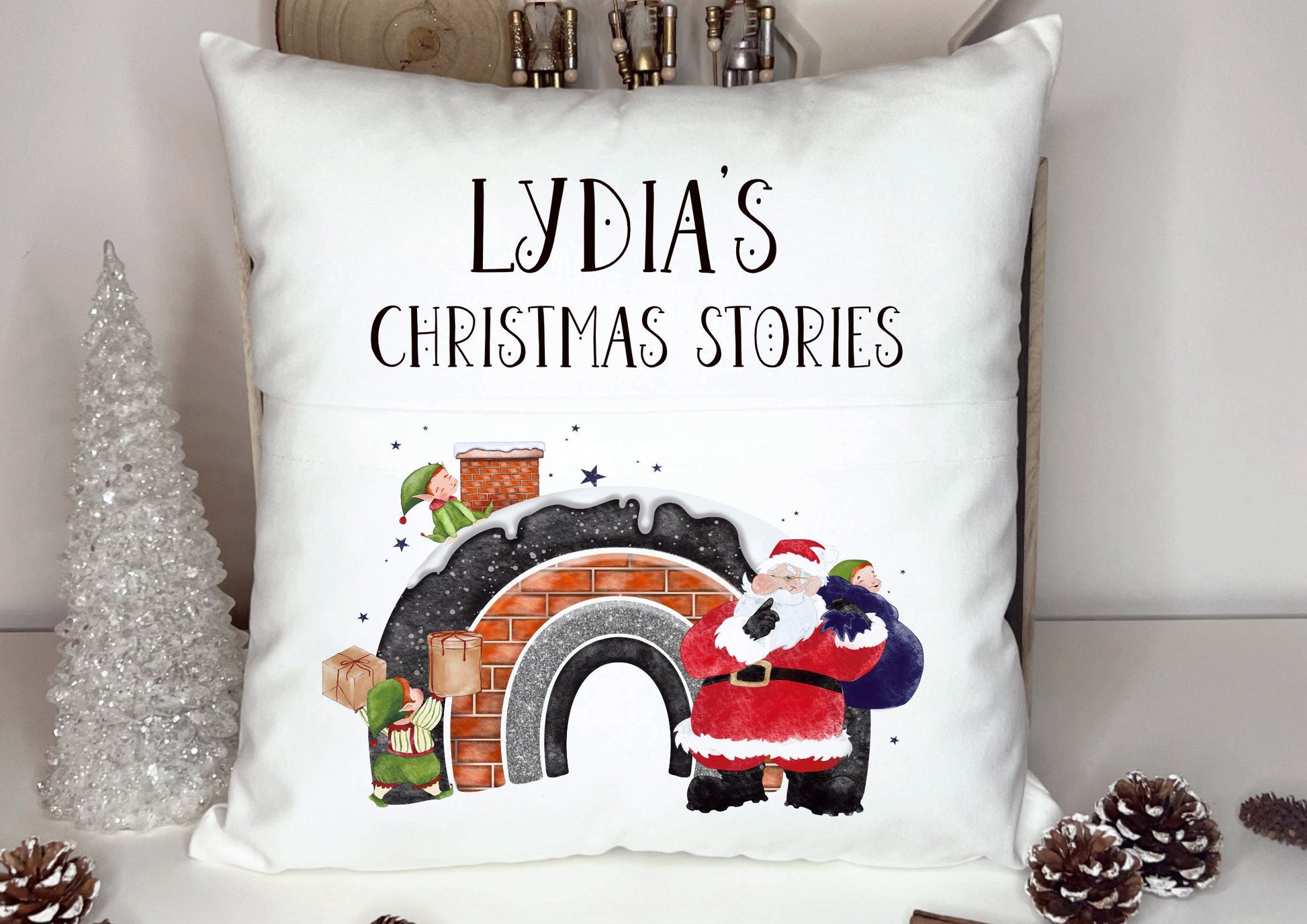 Christmas Book Cushion, Personalised Book Cushion, Christmas Stories Book Cushion, Santa Chimney Rainbow