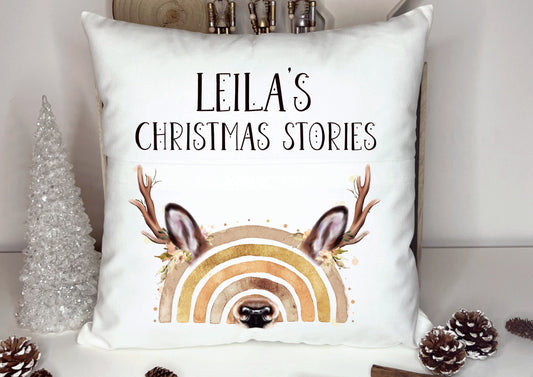 Christmas Book Cushion, Personalised Book Cushion, Christmas Stories Book Cushion, Reindeer Book Cushion