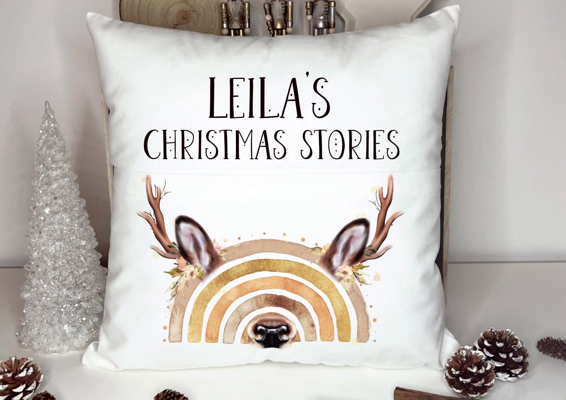 Christmas Book Cushion, Personalised Book Cushion, Christmas Stories Book Cushion, Reindeer Book Cushion