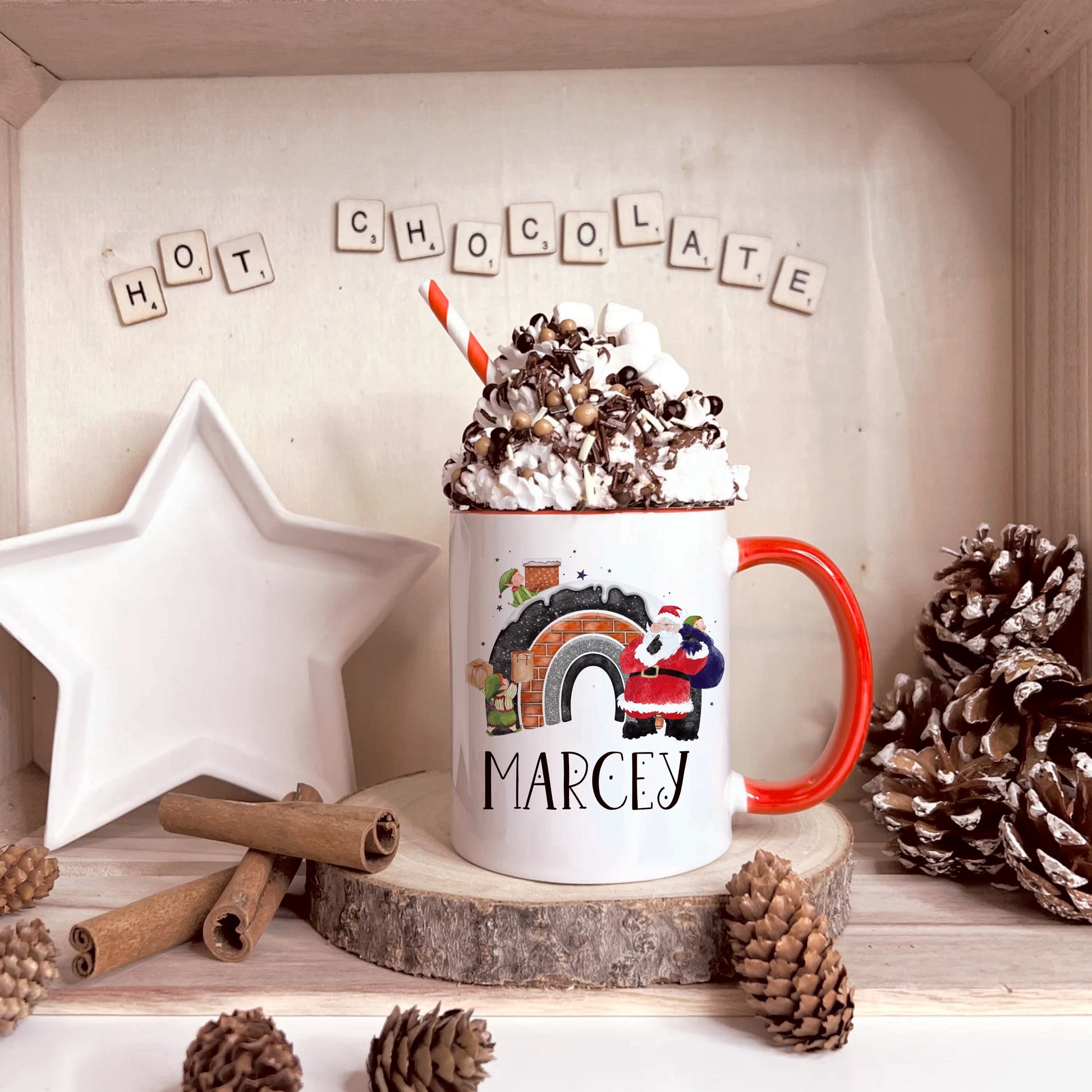 Personalised Christmas Hot Chocolate Mug, Father Christmas Chimney Rainbow Design, Personalised Kids Christmas Mug, Christmas Eve Box Gift