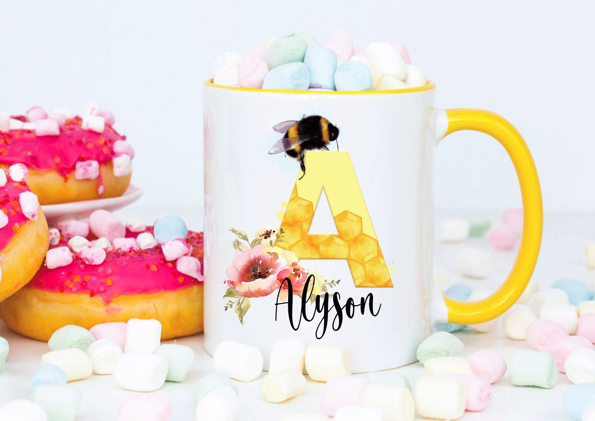 Personalised Bee Initial Mug, Bee Mug Gift Set, Bee Alphabet Mug, Personalised Mug Set, Secret Santa Gift