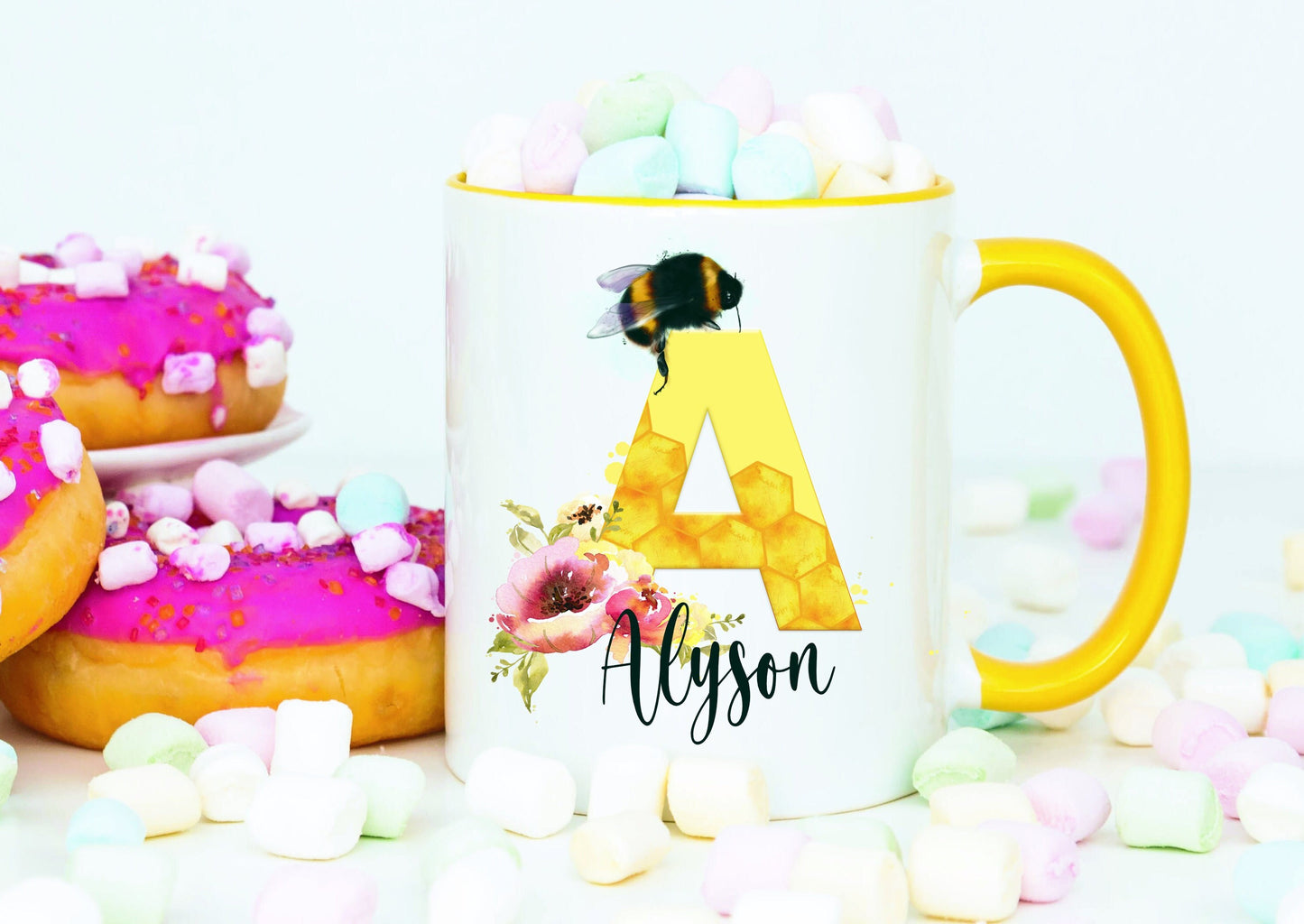 Personalised Bee Initial Mug, Bee Mug Gift Set, Bee Alphabet Mug, Personalised Mug Set, Secret Santa Gift