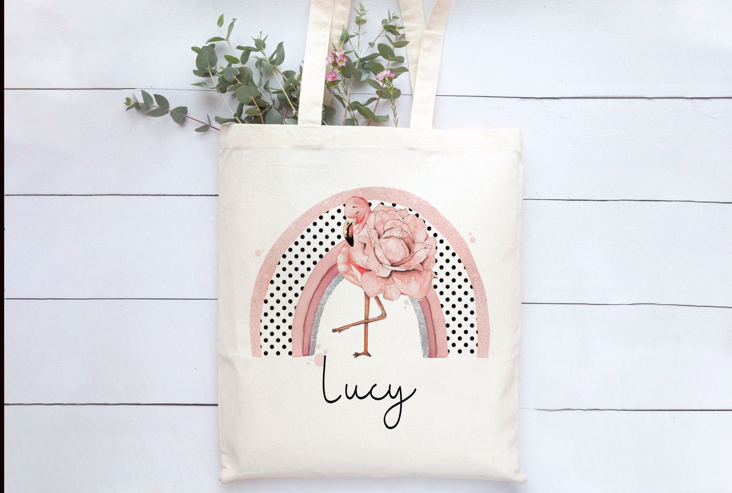 Flamingo Tote Bag, Personalised Flamingo Rainbow Design Tote Bag, Personalised Tote Bag Gift, Personalised Shopping Bag, Secret Santa Gift
