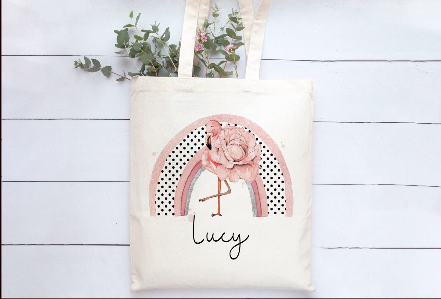 Flamingo Tote Bag, Personalised Flamingo Rainbow Design Tote Bag, Personalised Tote Bag Gift, Personalised Shopping Bag, Secret Santa Gift