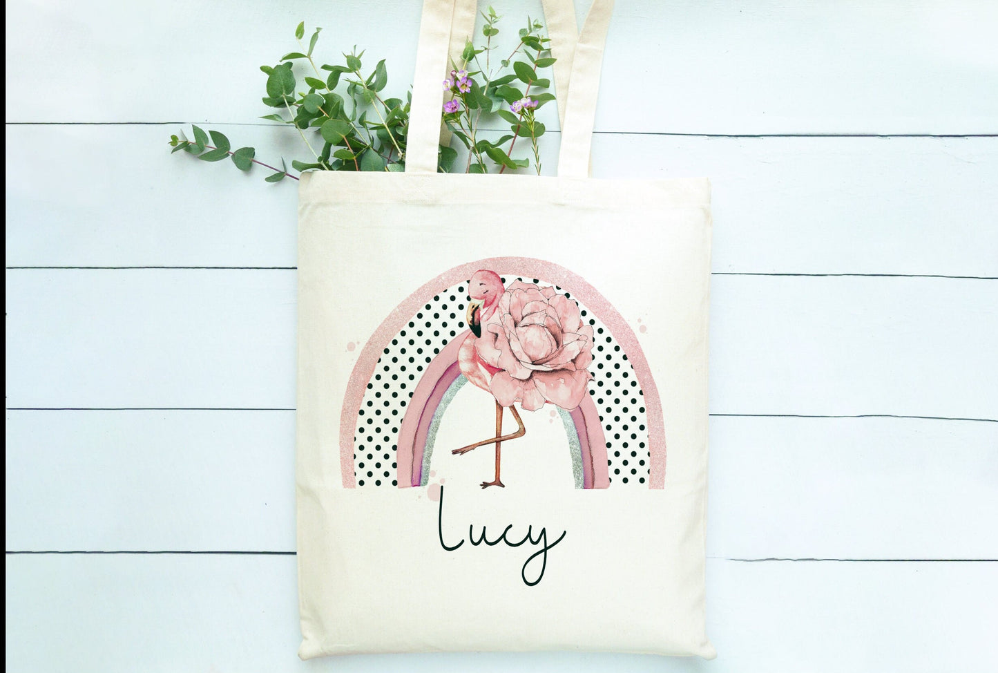Flamingo Tote Bag, Personalised Flamingo Rainbow Design Tote Bag, Personalised Tote Bag Gift, Personalised Shopping Bag, Secret Santa Gift