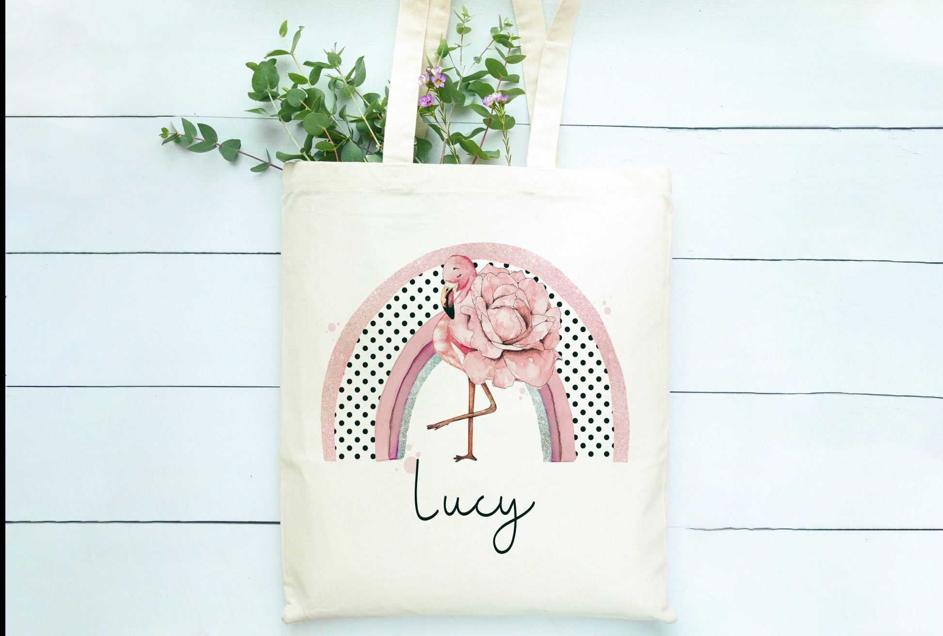 Flamingo Tote Bag, Personalised Flamingo Rainbow Design Tote Bag, Personalised Tote Bag Gift, Personalised Shopping Bag, Secret Santa Gift