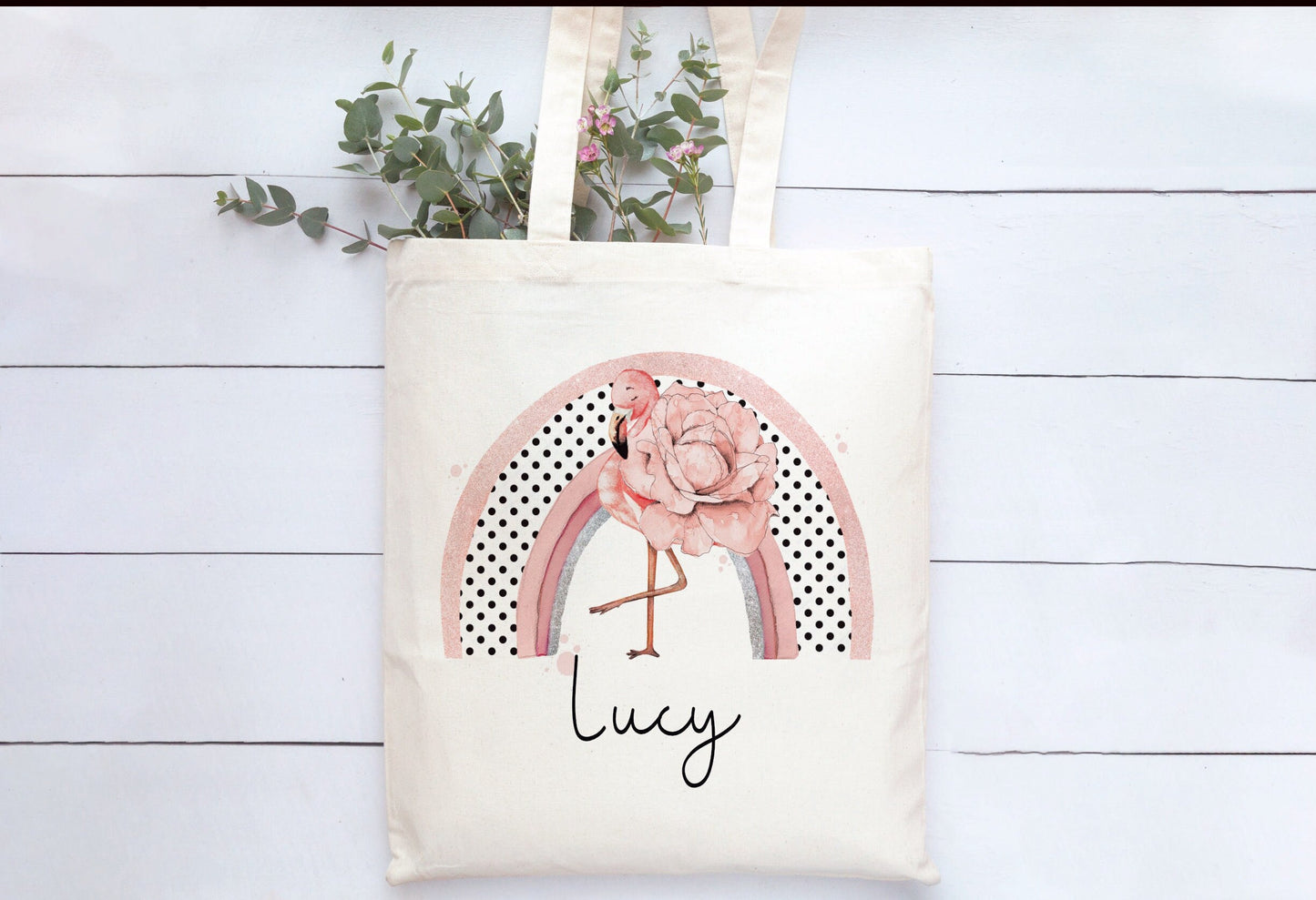 Flamingo Tote Bag, Personalised Flamingo Rainbow Design Tote Bag, Personalised Tote Bag Gift, Personalised Shopping Bag, Secret Santa Gift