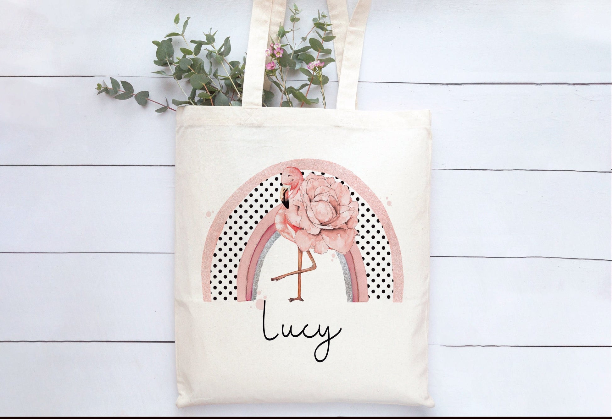 Flamingo Tote Bag, Personalised Flamingo Rainbow Design Tote Bag, Personalised Tote Bag Gift, Personalised Shopping Bag, Secret Santa Gift