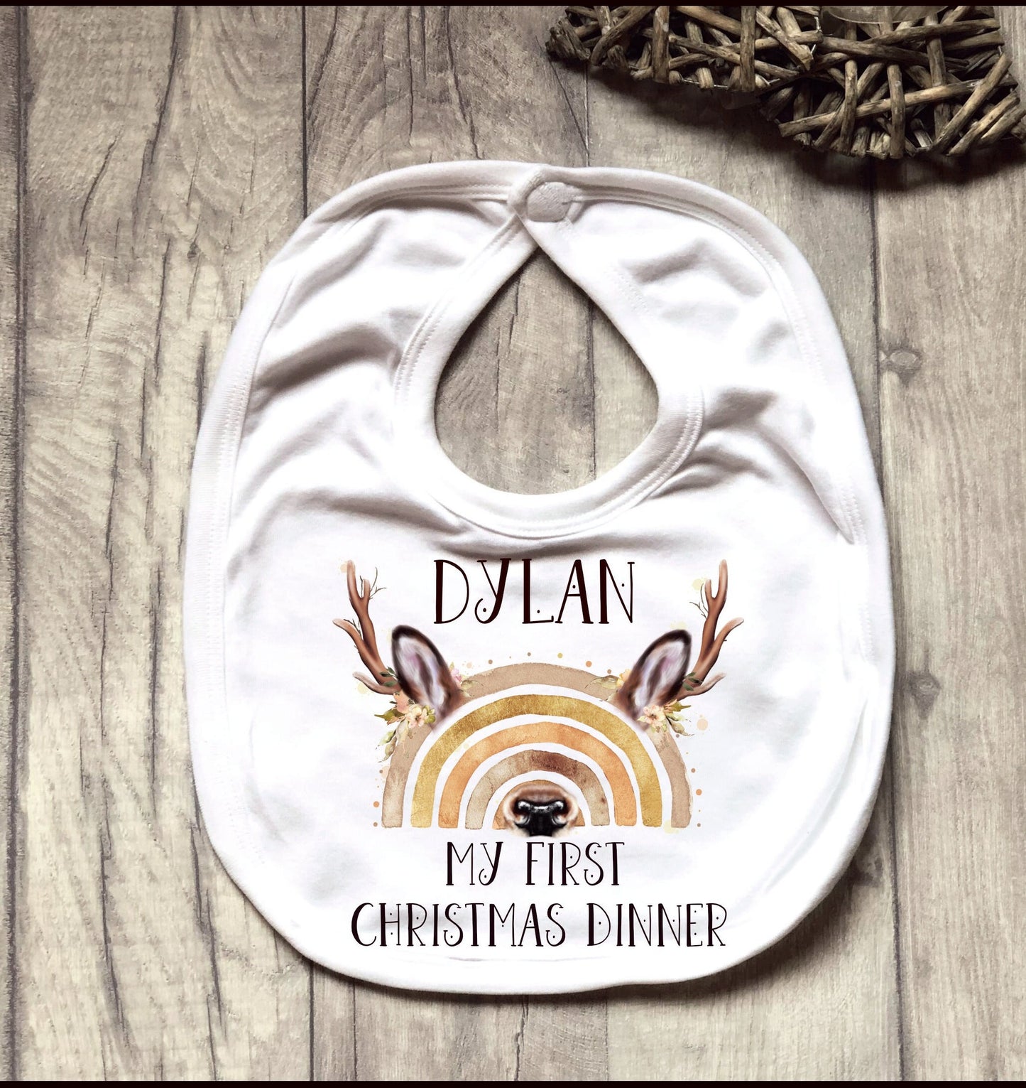 Personalised Babies 1st Xmas Dinner Bib, My First Christmas Dinner Bib, Baby's First Xmas Dinner Bib, Reindeer Rainbow Christmas Dinner Bib