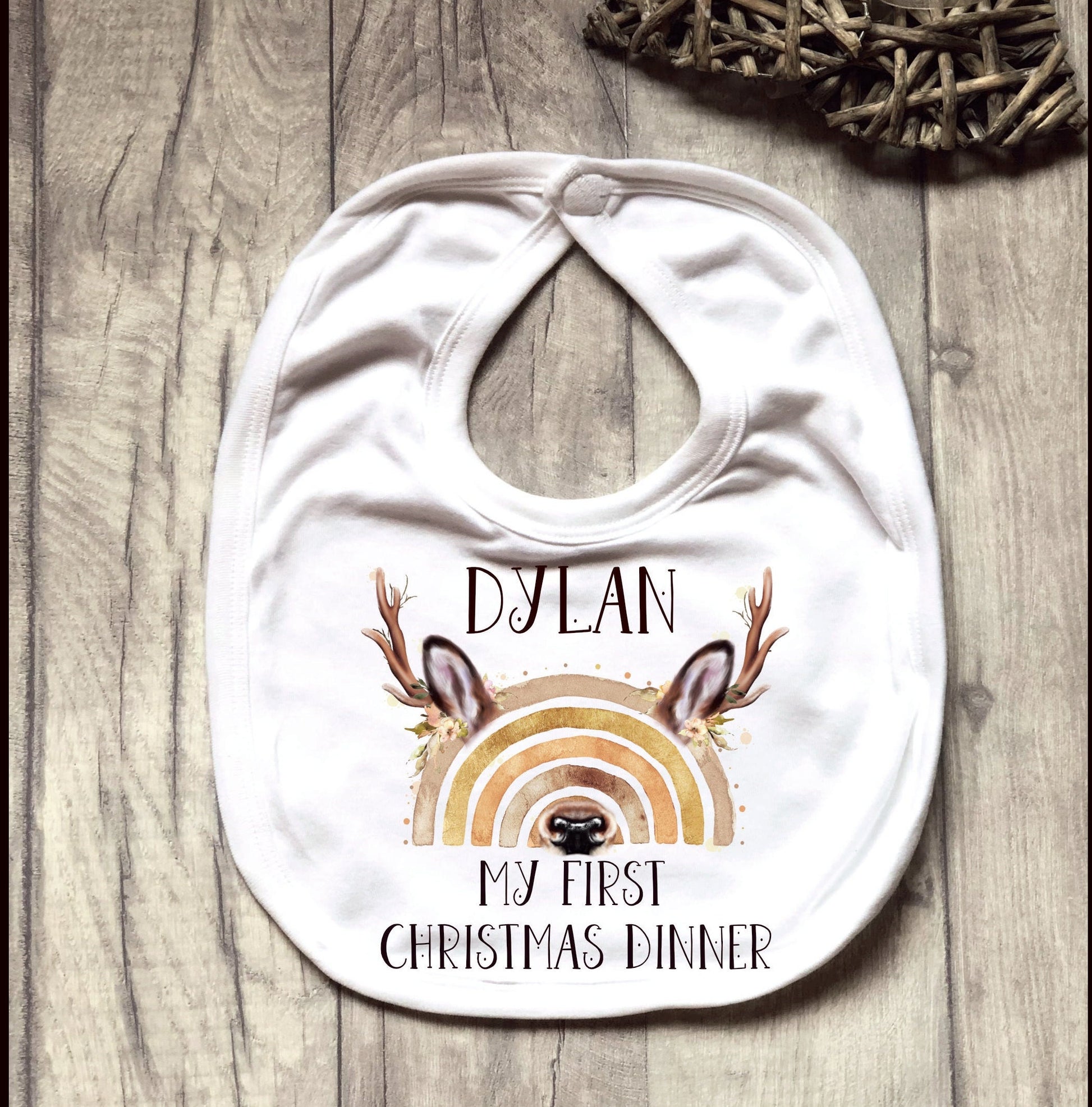 Personalised Babies 1st Xmas Dinner Bib, My First Christmas Dinner Bib, Baby's First Xmas Dinner Bib, Reindeer Rainbow Christmas Dinner Bib