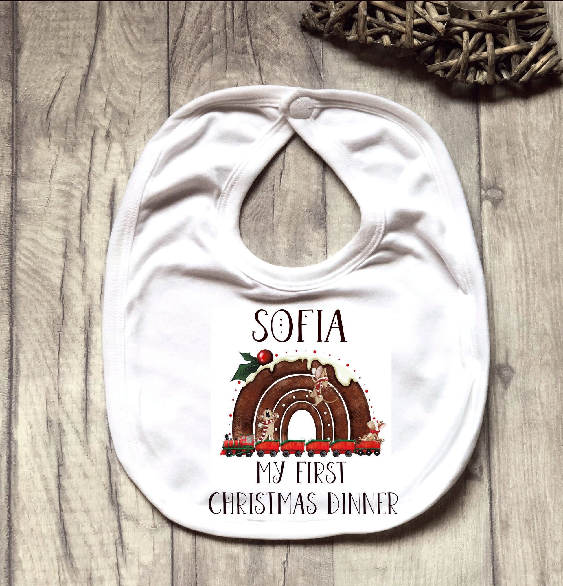 Personalised Babies 1st Xmas Dinner Bib, My First Christmas Dinner Bib, Baby's First Xmas Dinner Bib, Reindeer Rainbow Christmas Dinner Bib