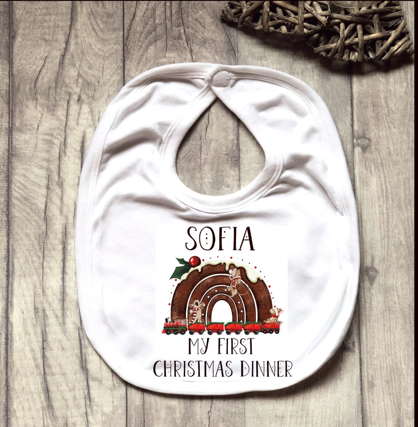 Personalised Babies 1st Xmas Dinner Bib, My First Christmas Dinner Bib, Baby's First Xmas Dinner Bib, Reindeer Rainbow Christmas Dinner Bib