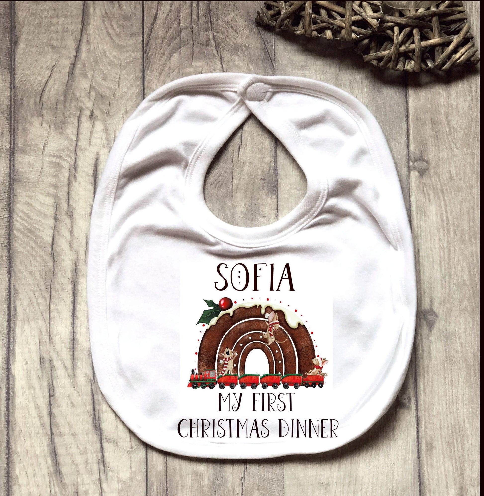 Personalised Babies 1st Xmas Dinner Bib, My First Christmas Dinner Bib, Baby's First Xmas Dinner Bib, Reindeer Rainbow Christmas Dinner Bib