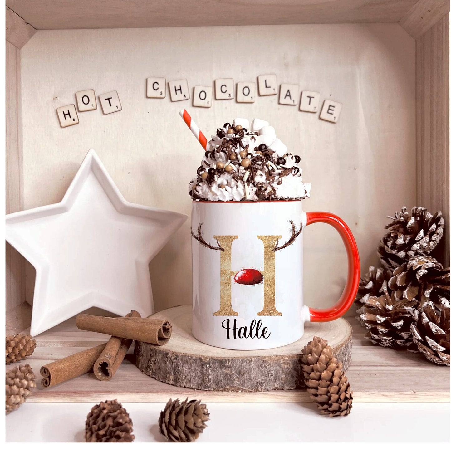 Christmas Mug, Personalised Hot Chocolate Mug, Name Christmas Eve Mug, Personalised Reindeer Initial Christmas, Christmas In July