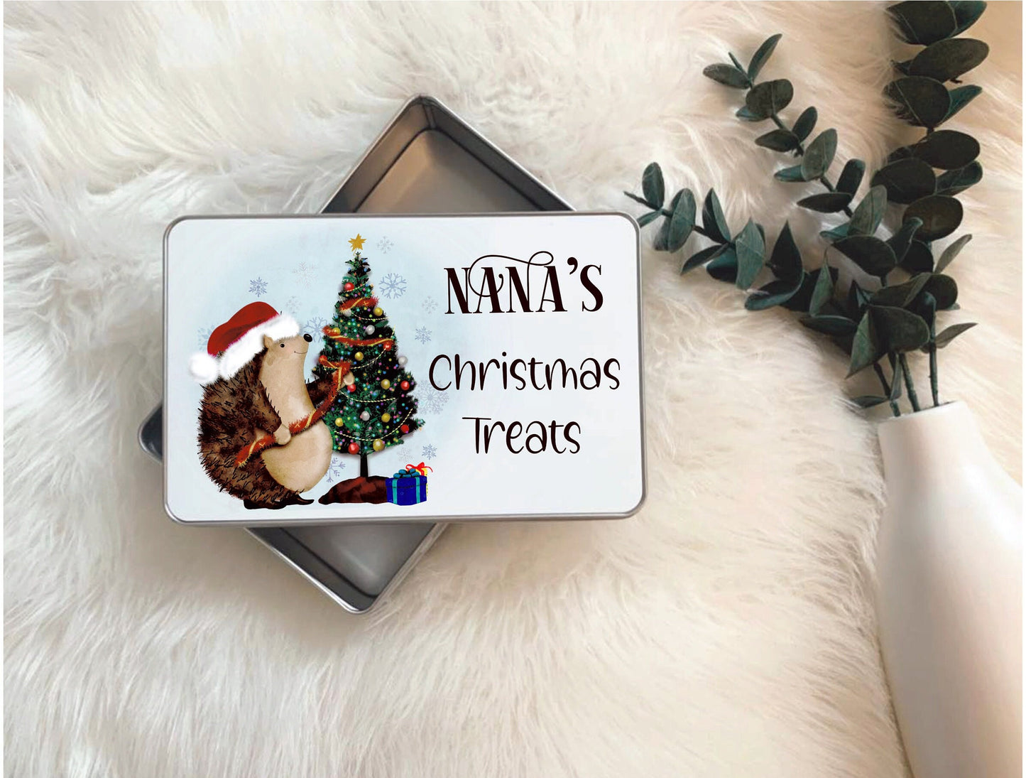 Nana's Christmas Treat Tin, Treat Storage Tin, Biscuit Tin, Sweet Tin, Personalised Hedgehog Sweet Treat Tin, Gift For Her, Gift For Him
