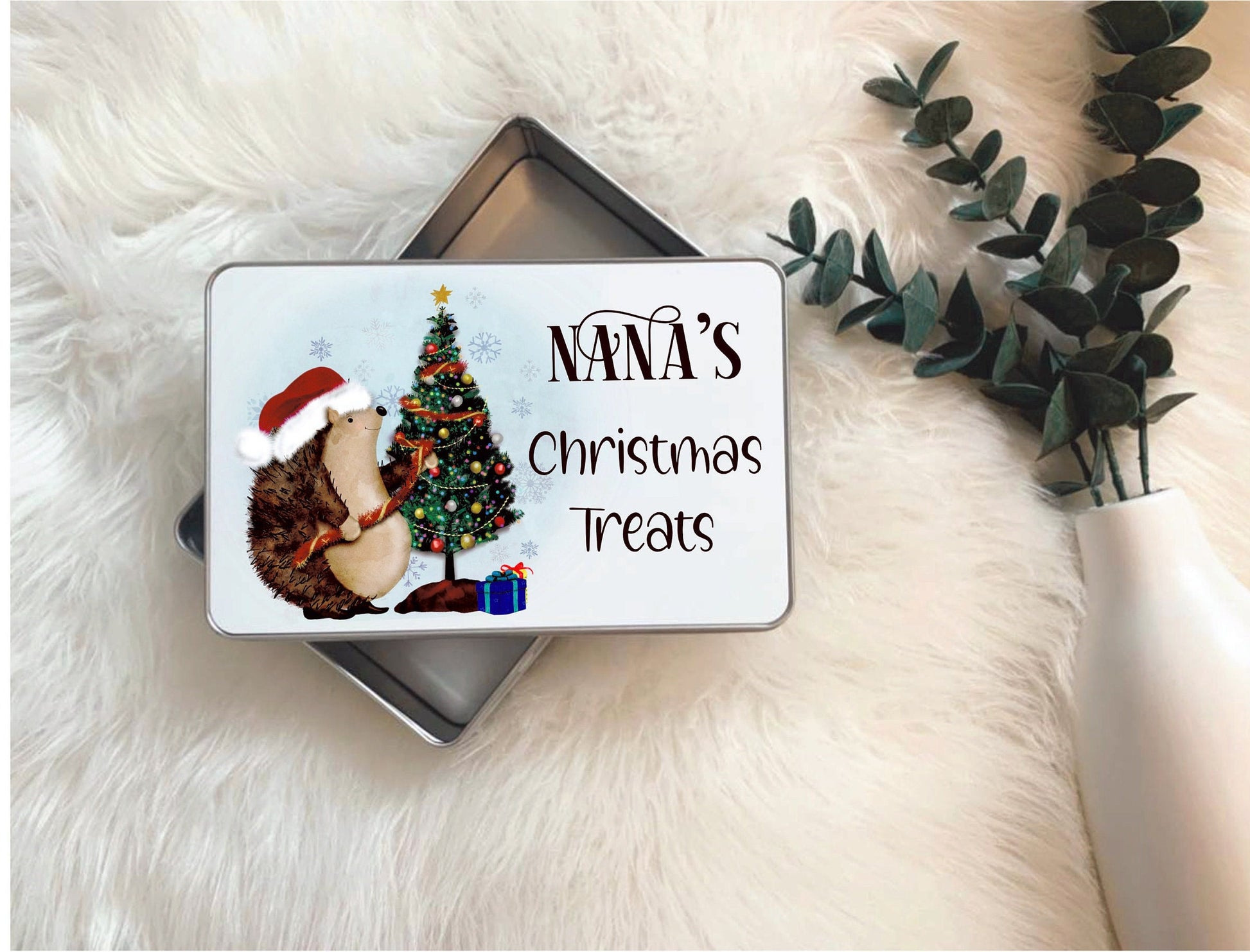 Nana's Christmas Treat Tin, Treat Storage Tin, Biscuit Tin, Sweet Tin, Personalised Hedgehog Sweet Treat Tin, Gift For Her, Gift For Him