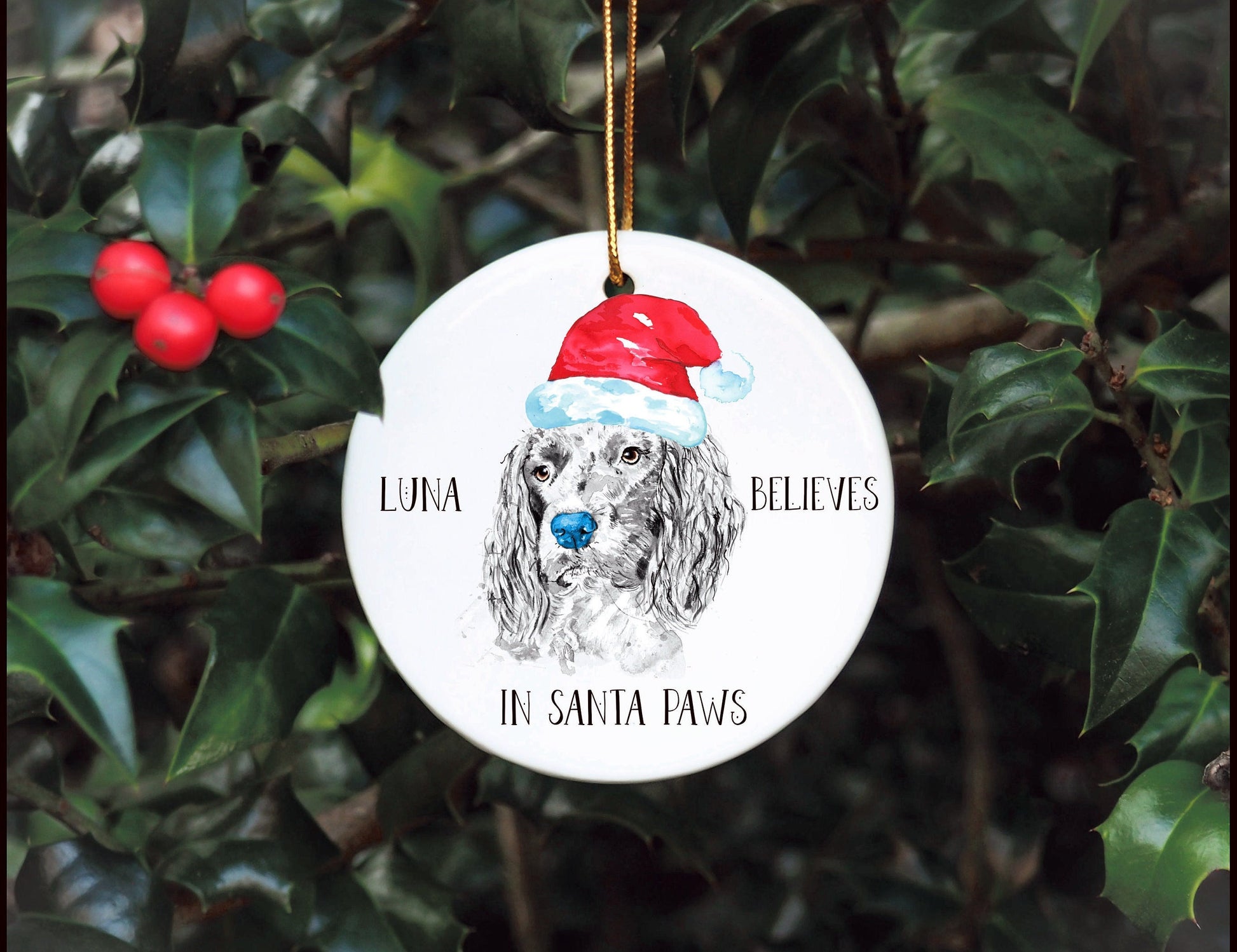 Personalised Dog Bauble, Santa Paws Christmas Tree Decoration, Pet Christmas Bauble, Personalised Dog Ornament, Springer Spaniel Bauble
