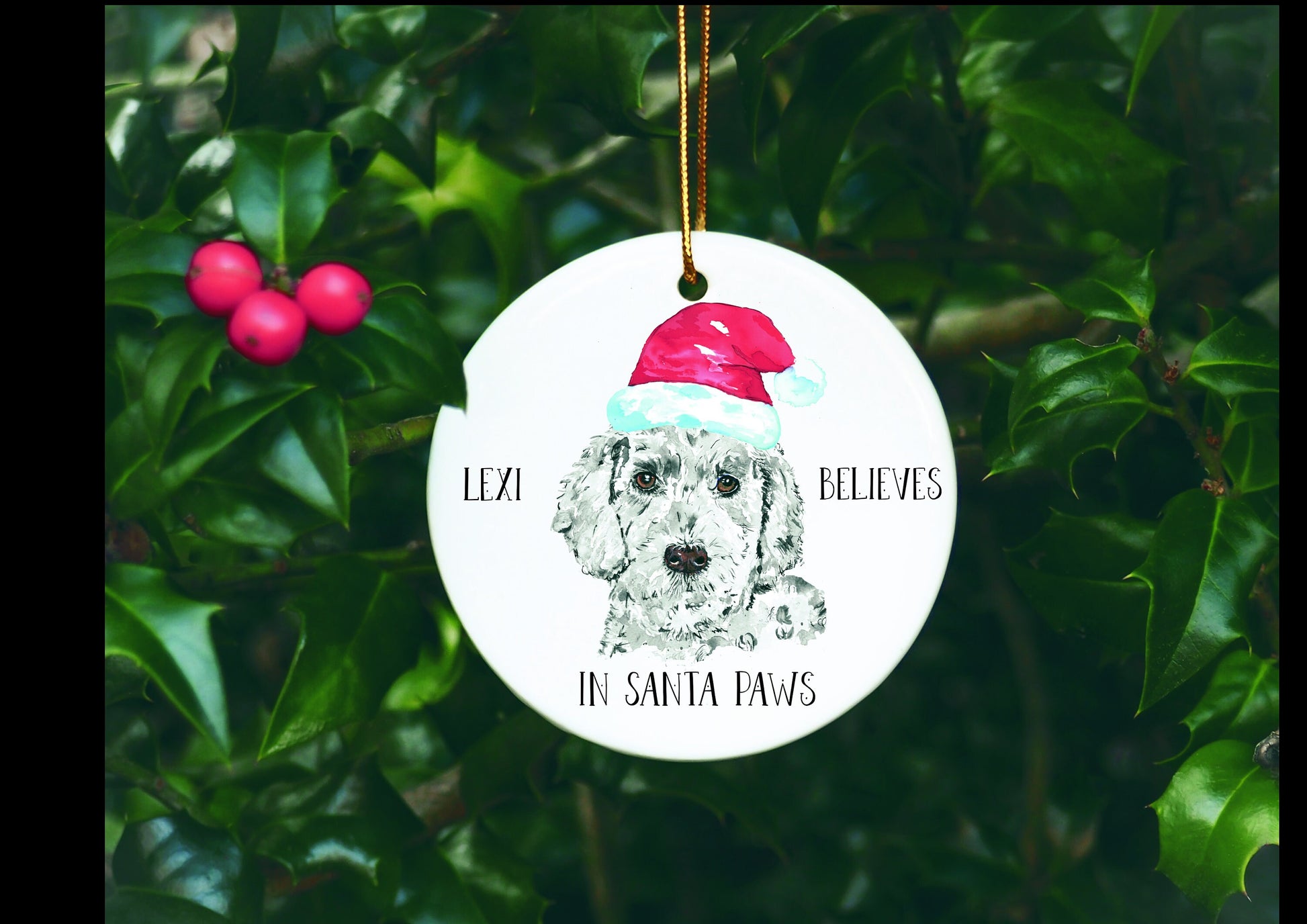 Personalised Dog Bauble, Santa Paws Christmas Tree Decoration, Pet Christmas Bauble, Personalised Dog Ornament, Cockapoo Bauble