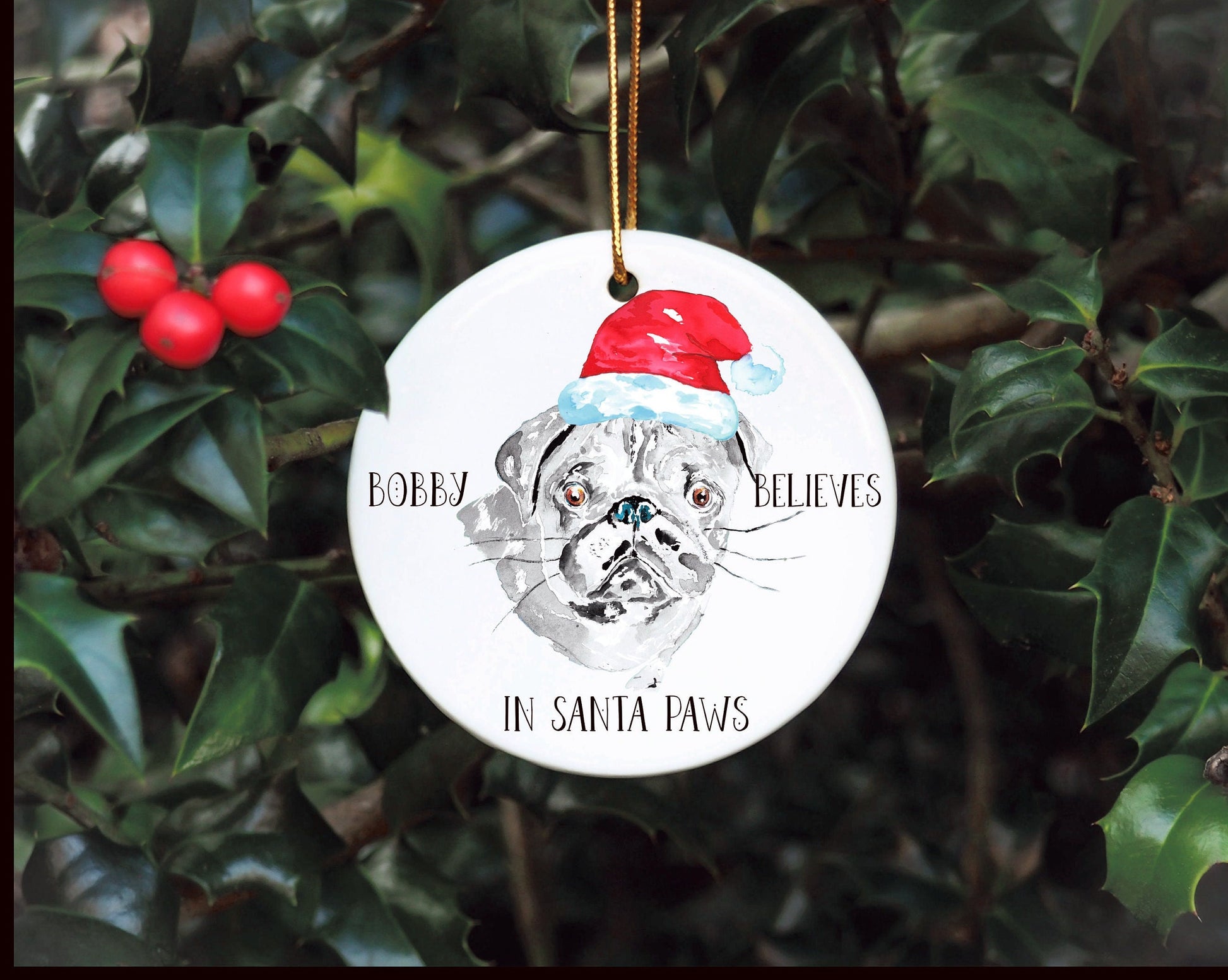 Personalised Dog Bauble, Santa Paws Christmas Tree Decoration, Pet Christmas Bauble, Personalised Dog Ornament, Pug Bauble