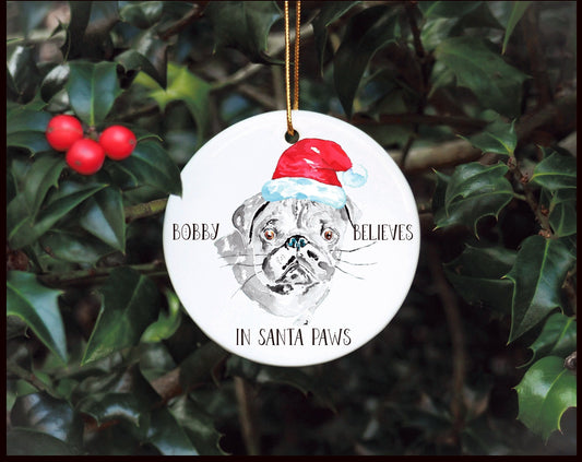 Personalised Dog Bauble, Santa Paws Christmas Tree Decoration, Pet Christmas Bauble, Personalised Dog Ornament, Pug Bauble