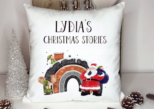Christmas Book Cushion, Personalised Book Cushion, Christmas Stories Book Cushion, Santa Chimney Rainbow
