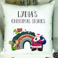 Christmas Book Cushion, Personalised Book Cushion, Christmas Stories Book Cushion, Santa Chimney Rainbow