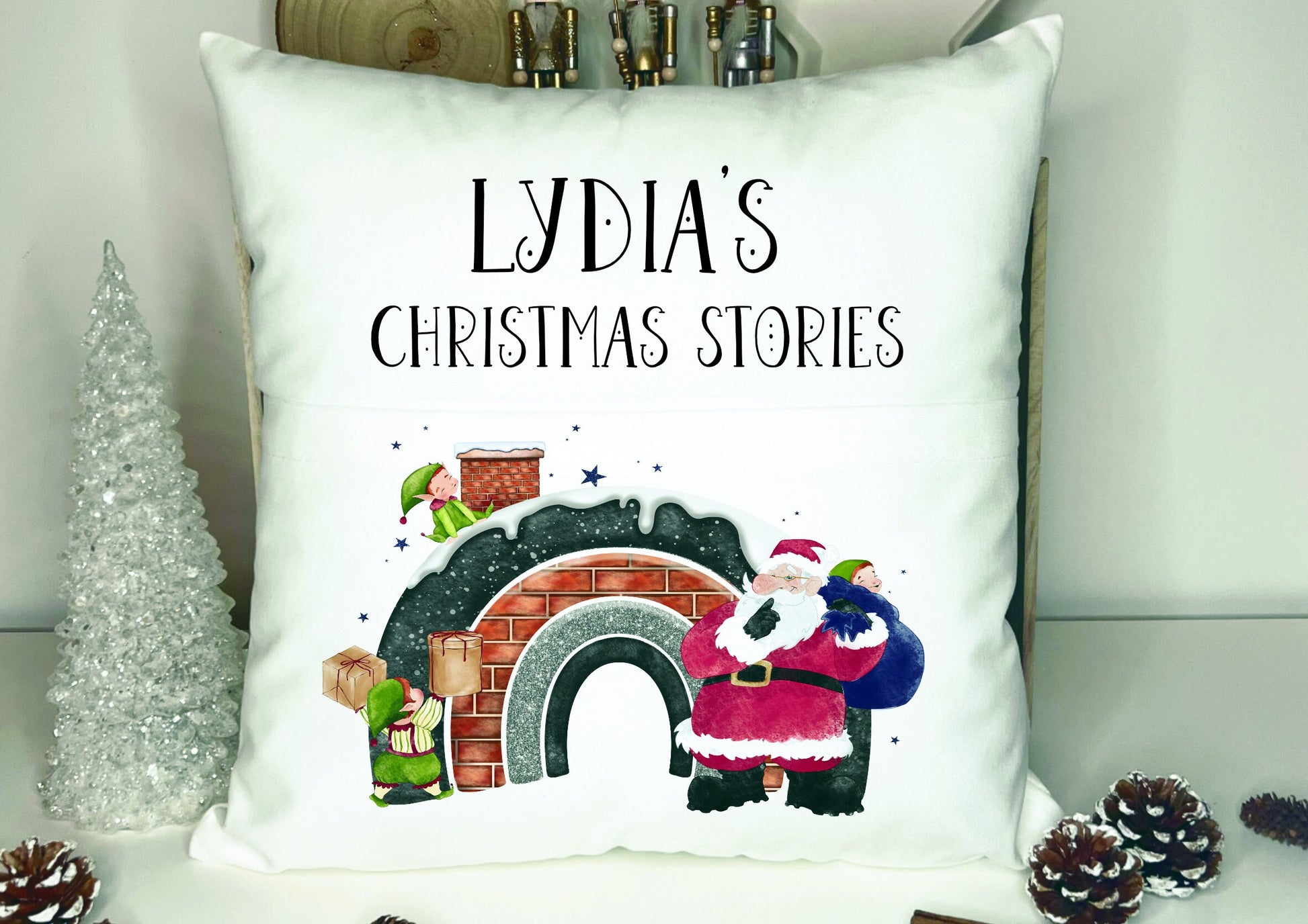Christmas Book Cushion, Personalised Book Cushion, Christmas Stories Book Cushion, Santa Chimney Rainbow
