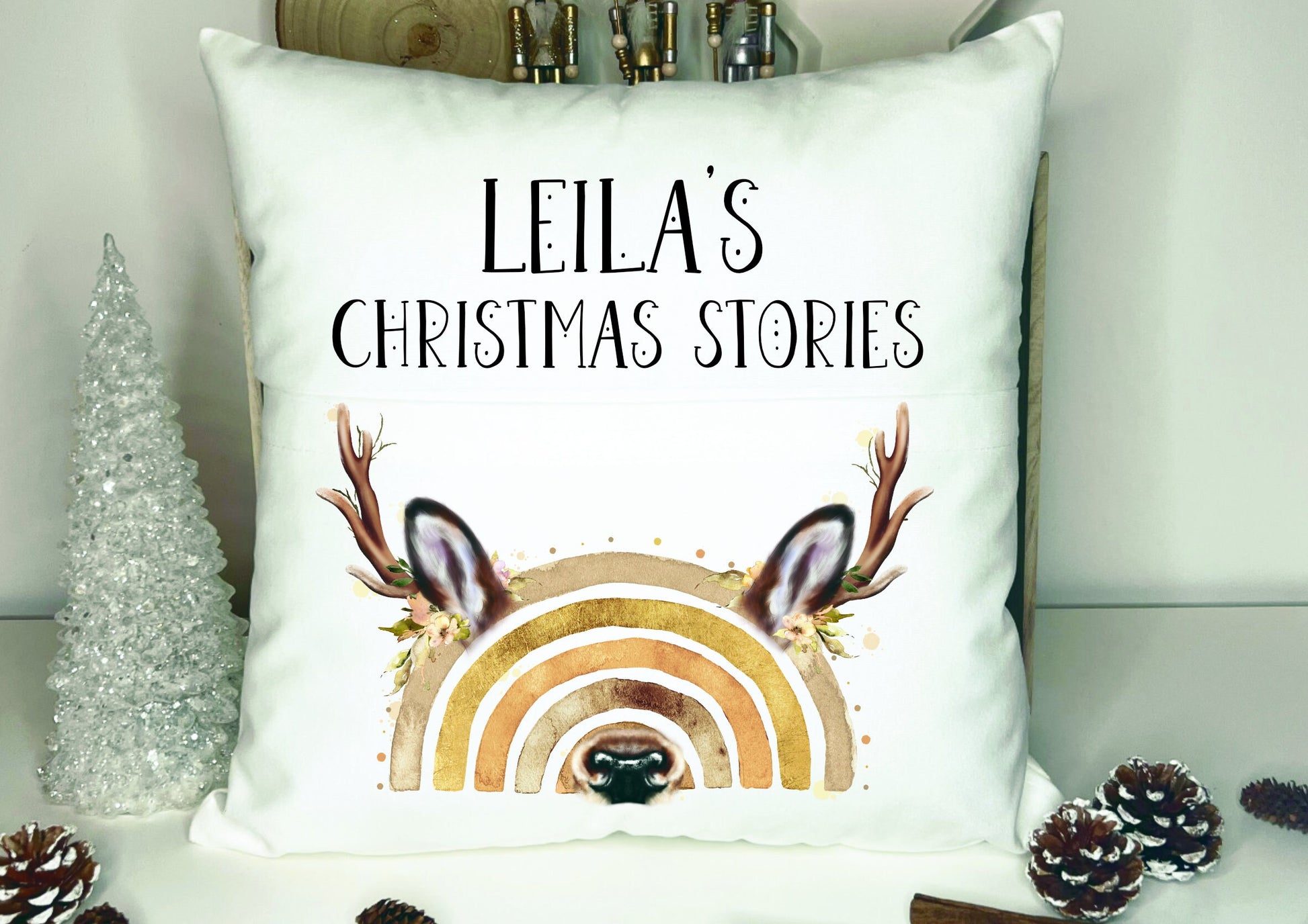 Christmas Book Cushion, Personalised Book Cushion, Christmas Stories Book Cushion, Reindeer Book Cushion