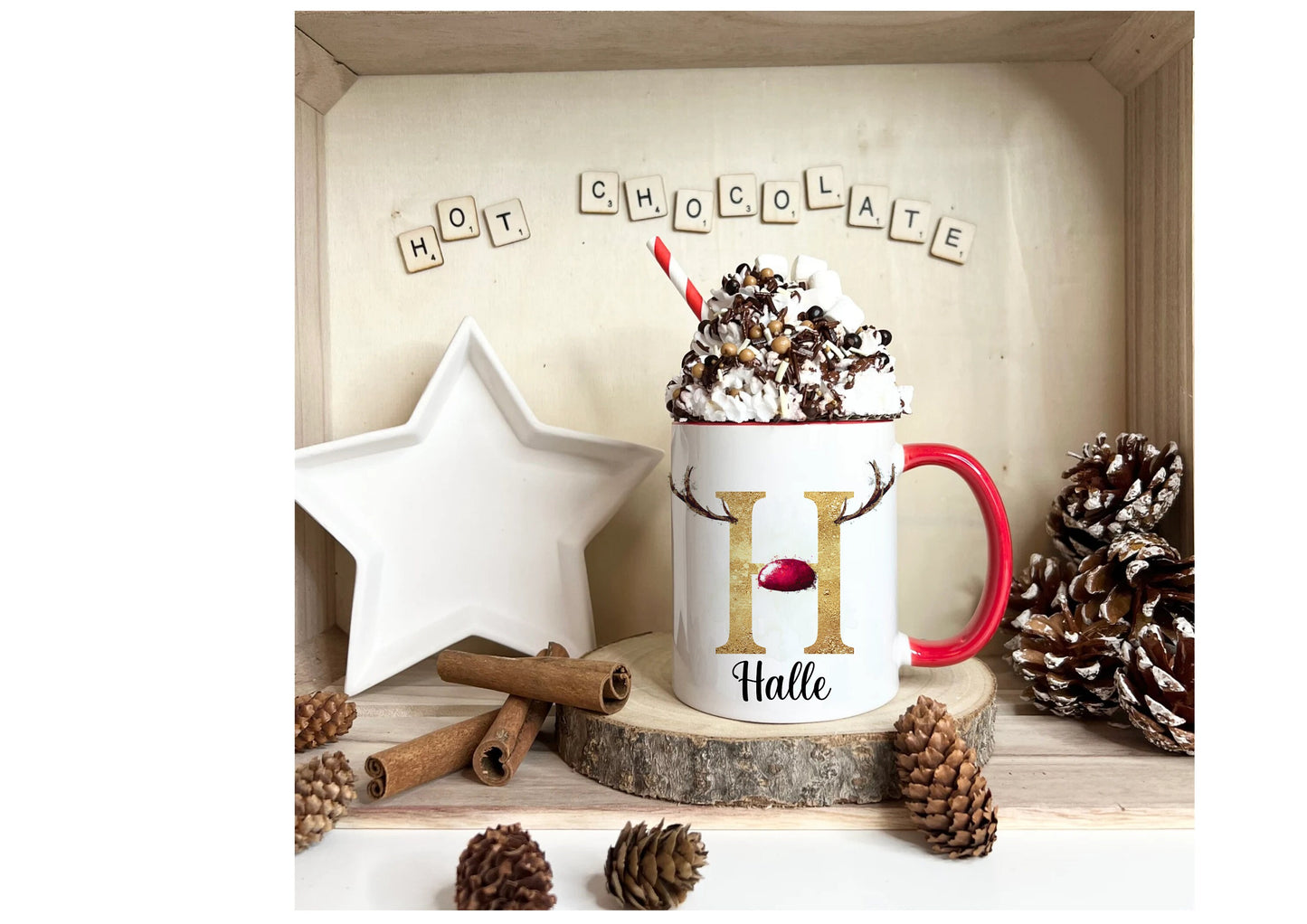 Reindeer Christmas Mug, Personalised Hot Chocolate Mug, Name Reindeer Christmas Eve Mug,Personalised Reindeer Initial Christmas