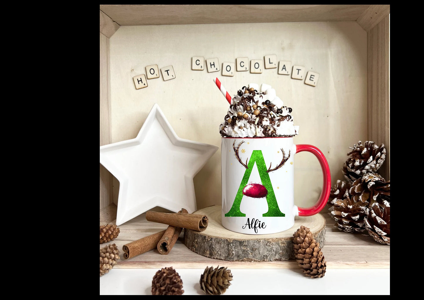 Reindeer Christmas Mug, Personalised Hot Chocolate Mug, Name Reindeer Christmas Eve Mug,Personalised Reindeer Initial Christmas