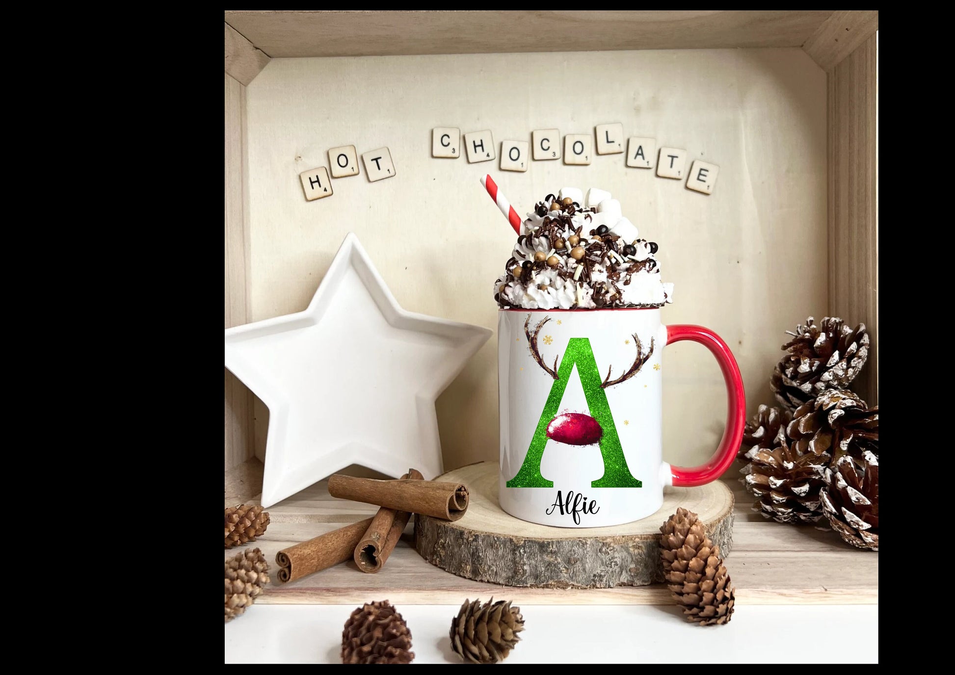 Reindeer Christmas Mug, Personalised Hot Chocolate Mug, Name Reindeer Christmas Eve Mug,Personalised Reindeer Initial Christmas