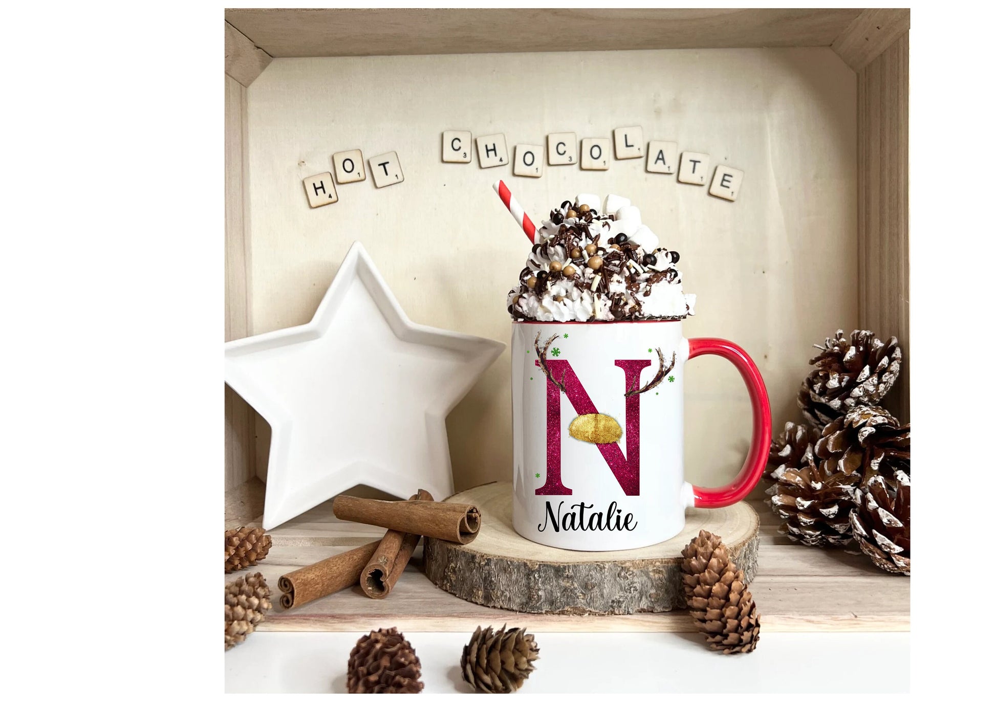 Reindeer Christmas Mug, Personalised Hot Chocolate Mug, Name Reindeer Christmas Eve Mug,Personalised Reindeer Initial Christmas